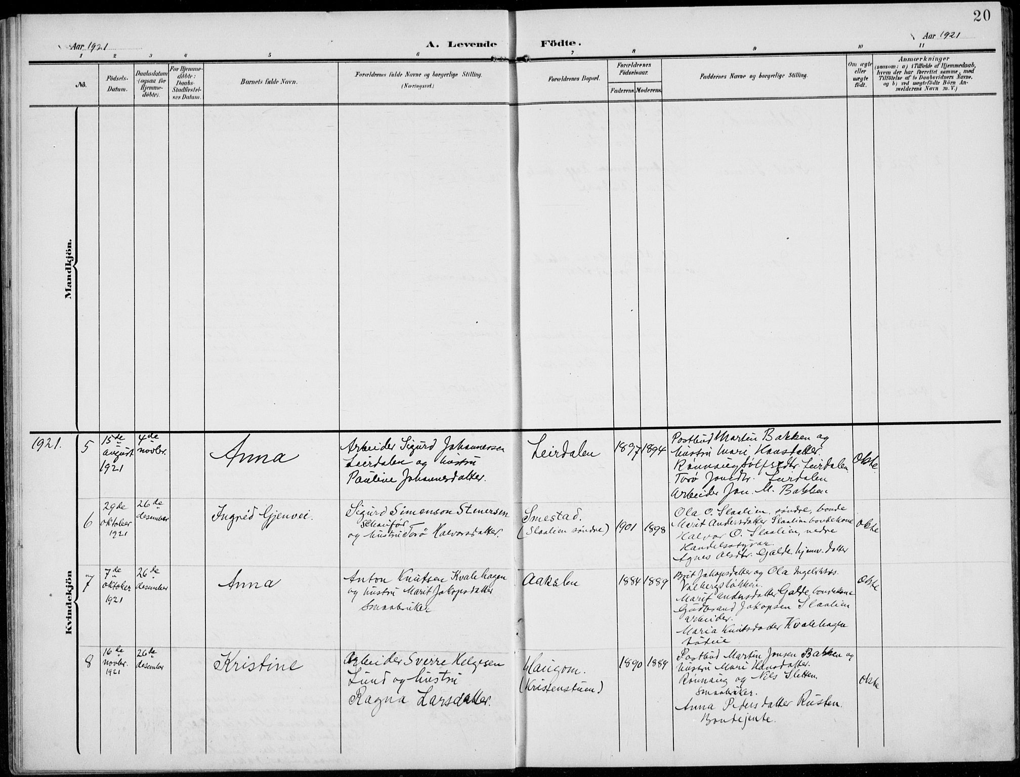 Lom prestekontor, SAH/PREST-070/L/L0007: Klokkerbok nr. 7, 1904-1938, s. 20