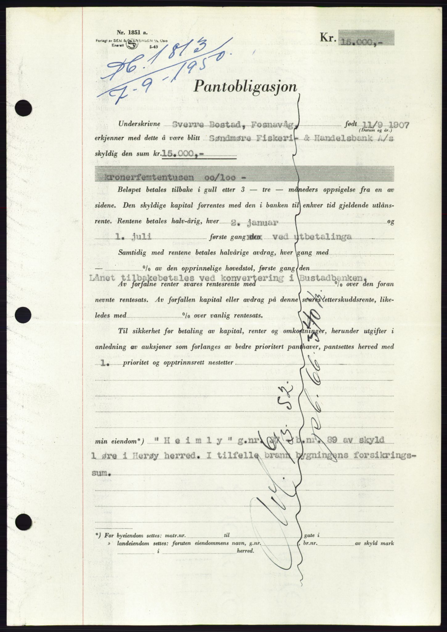 Søre Sunnmøre sorenskriveri, AV/SAT-A-4122/1/2/2C/L0119: Pantebok nr. 7B, 1950-1951, Dagboknr: 1813/1950