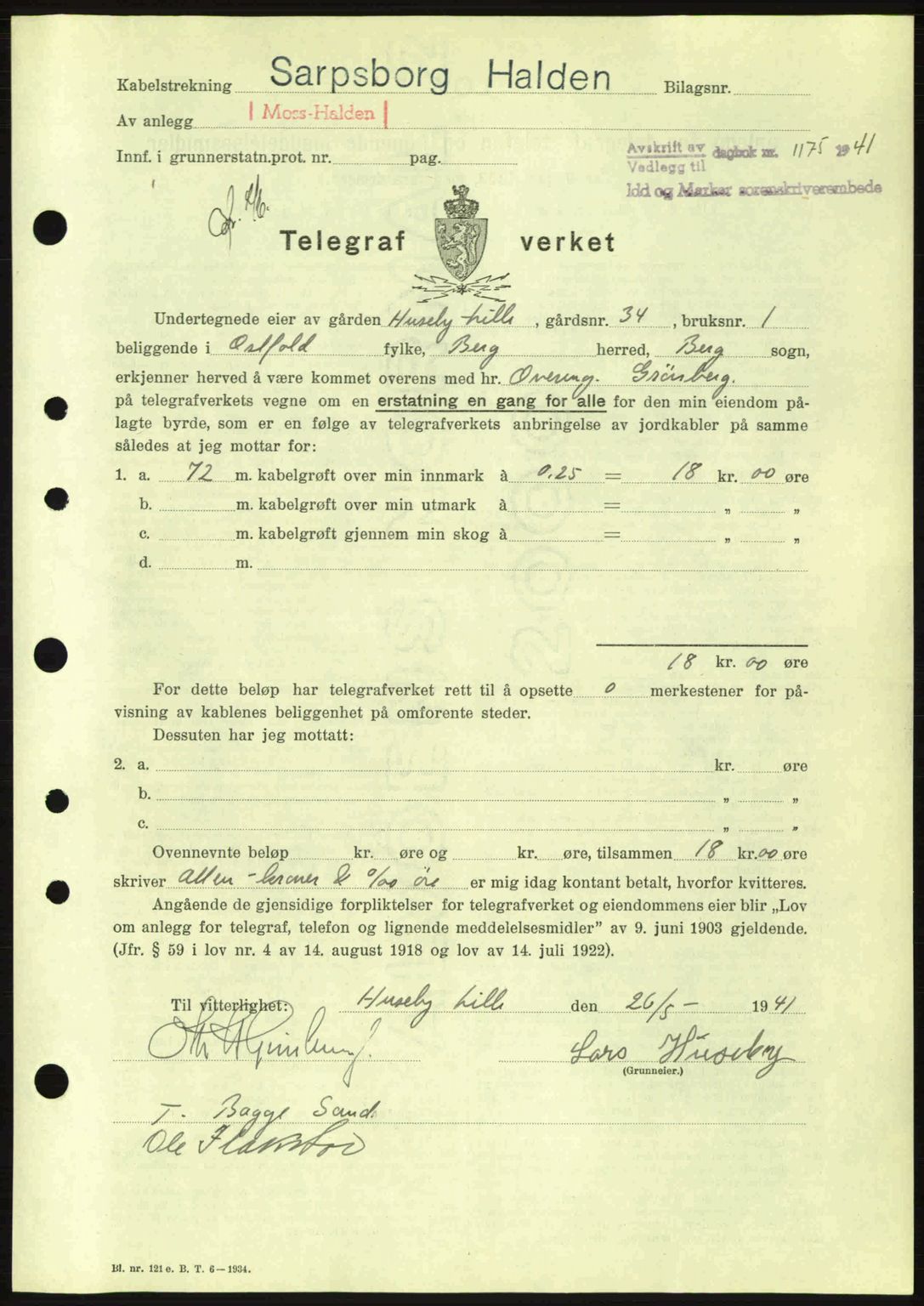 Idd og Marker sorenskriveri, AV/SAO-A-10283/G/Gb/Gbb/L0004: Pantebok nr. A4, 1940-1941, Dagboknr: 1175/1941