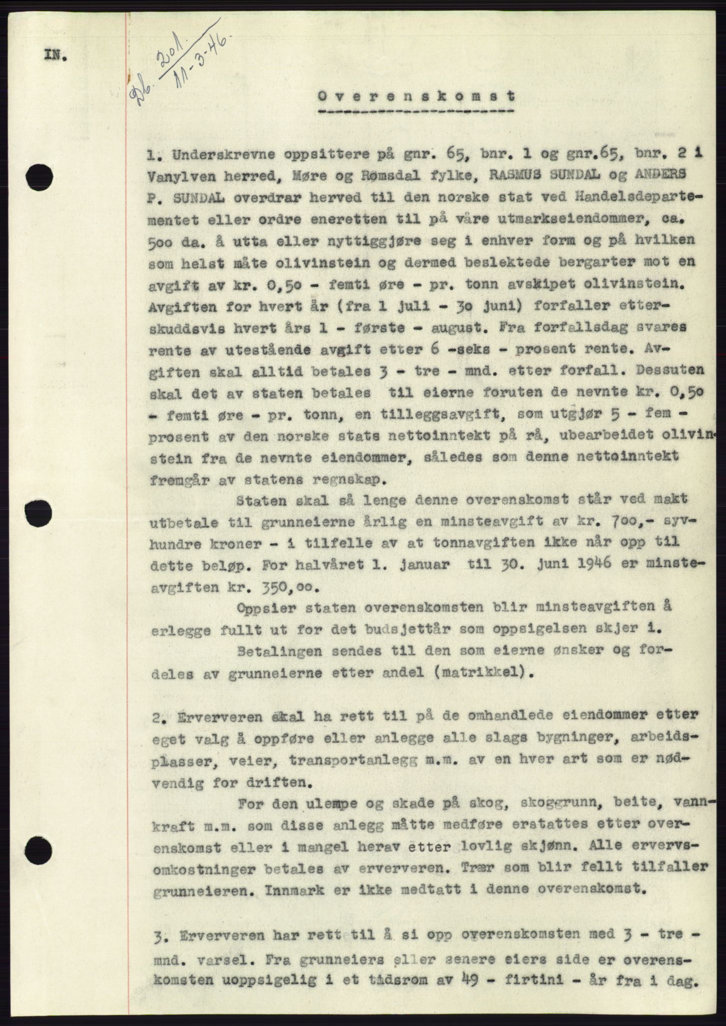 Søre Sunnmøre sorenskriveri, AV/SAT-A-4122/1/2/2C/L0114: Pantebok nr. 1-2B, 1943-1947, Dagboknr: 201/1946