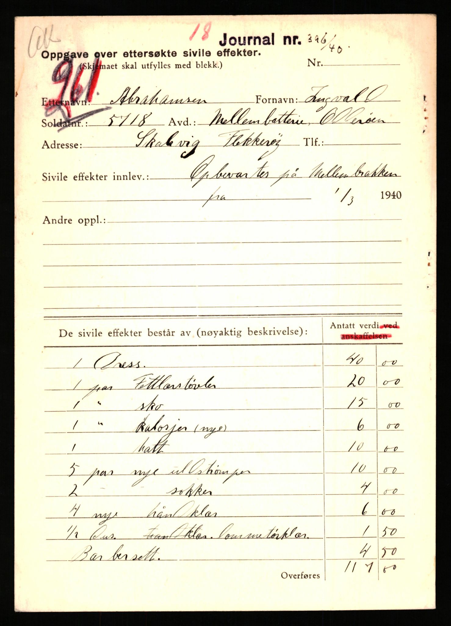 Justisdepartementet, Oppgjørsavdelingen, AV/RA-S-1056/G/Gb/L0001: Oppgaver over ettersøkte sivile effekter: Abel - Andersen, Anders J., 1940-1942, s. 101