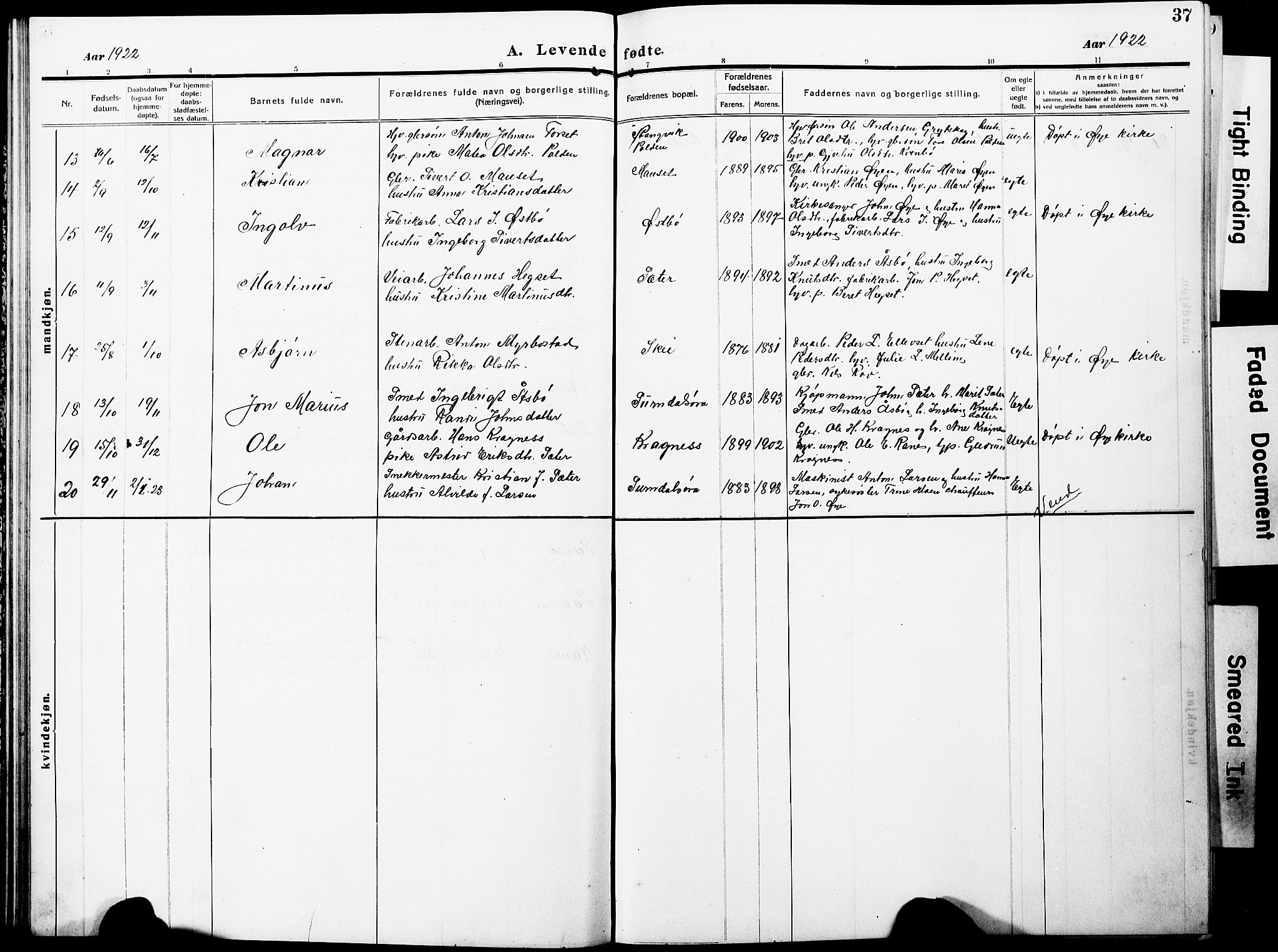 Ministerialprotokoller, klokkerbøker og fødselsregistre - Møre og Romsdal, SAT/A-1454/596/L1059: Klokkerbok nr. 596C02, 1908-1922, s. 37