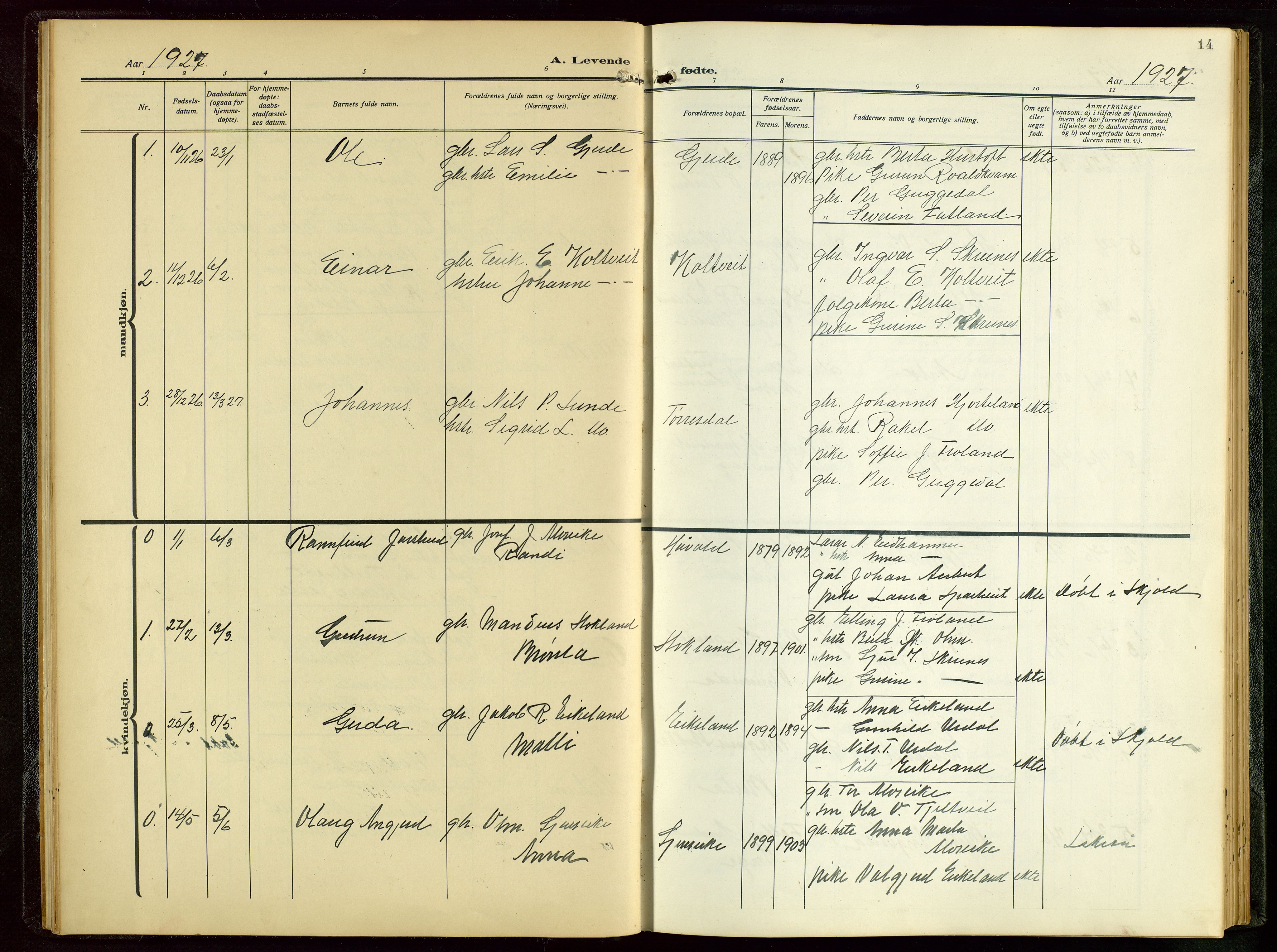 Skjold sokneprestkontor, SAST/A-101847/H/Ha/Hab/L0011: Klokkerbok nr. B 11, 1922-1951, s. 14