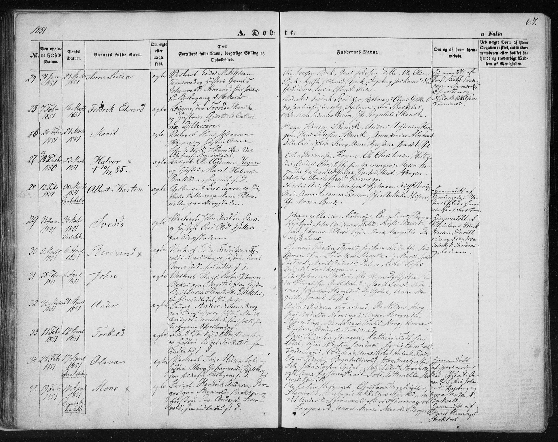Ministerialprotokoller, klokkerbøker og fødselsregistre - Sør-Trøndelag, SAT/A-1456/681/L0931: Ministerialbok nr. 681A09, 1845-1859, s. 67