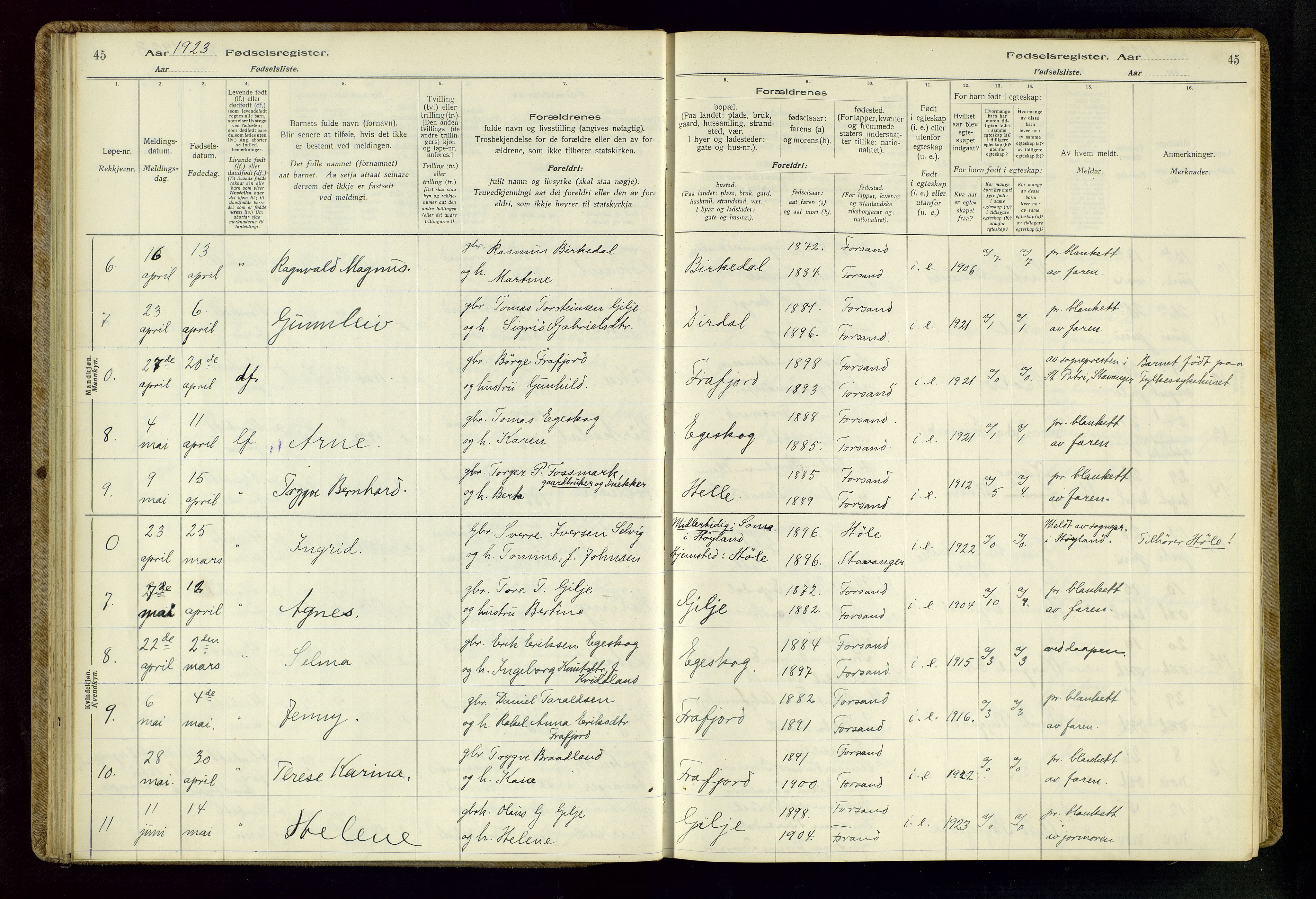 Høgsfjord sokneprestkontor, AV/SAST-A-101624/I/Id/L0002: Fødselsregister nr. 2, 1916-1959, s. 45