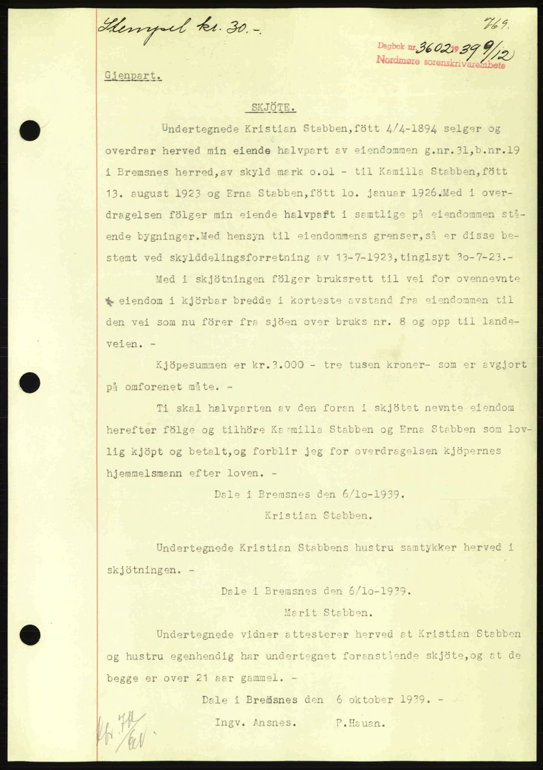 Nordmøre sorenskriveri, SAT/A-4132/1/2/2Ca: Pantebok nr. A87, 1939-1940, Dagboknr: 3602/1939