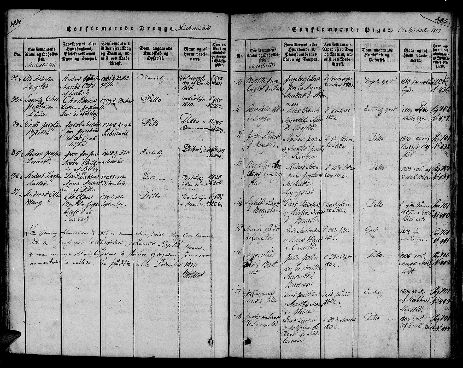 Ministerialprotokoller, klokkerbøker og fødselsregistre - Nord-Trøndelag, SAT/A-1458/730/L0275: Ministerialbok nr. 730A04, 1816-1822, s. 484-485