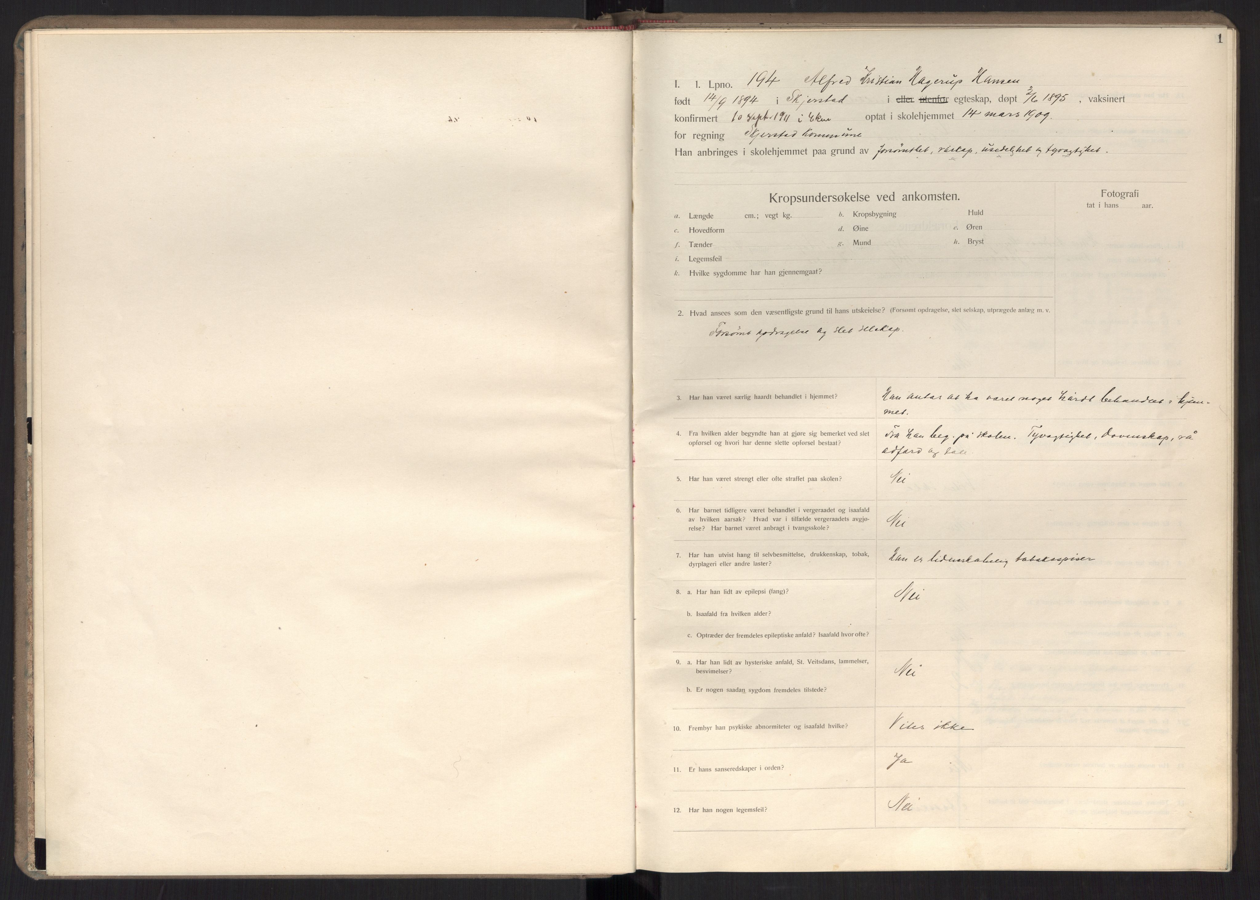 Falstad skolehjem, AV/RA-S-1676/E/Ea/L0007: Elevprotokoll nr. 3 løpenr. 194-268, 1909-1913, s. 1