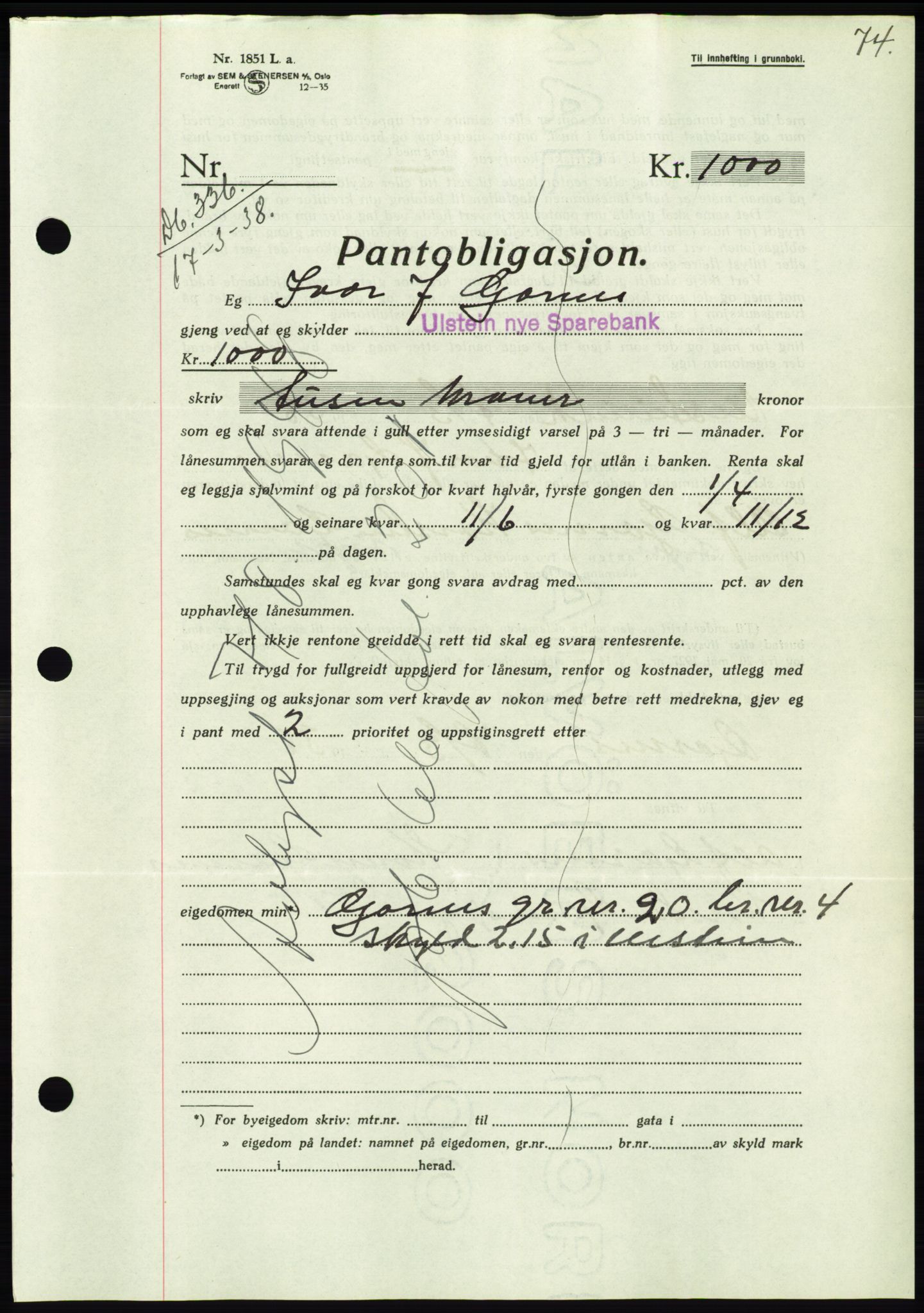 Søre Sunnmøre sorenskriveri, AV/SAT-A-4122/1/2/2C/L0065: Pantebok nr. 59, 1938-1938, Dagboknr: 336/1938