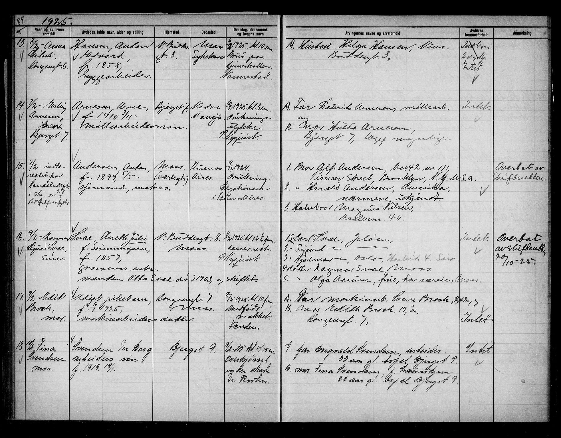 Moss byfogd, AV/SAO-A-10863/H/Ha/Hab/L0006: Dødsanmeldelsesprotokoll, 1921-1931, s. 85