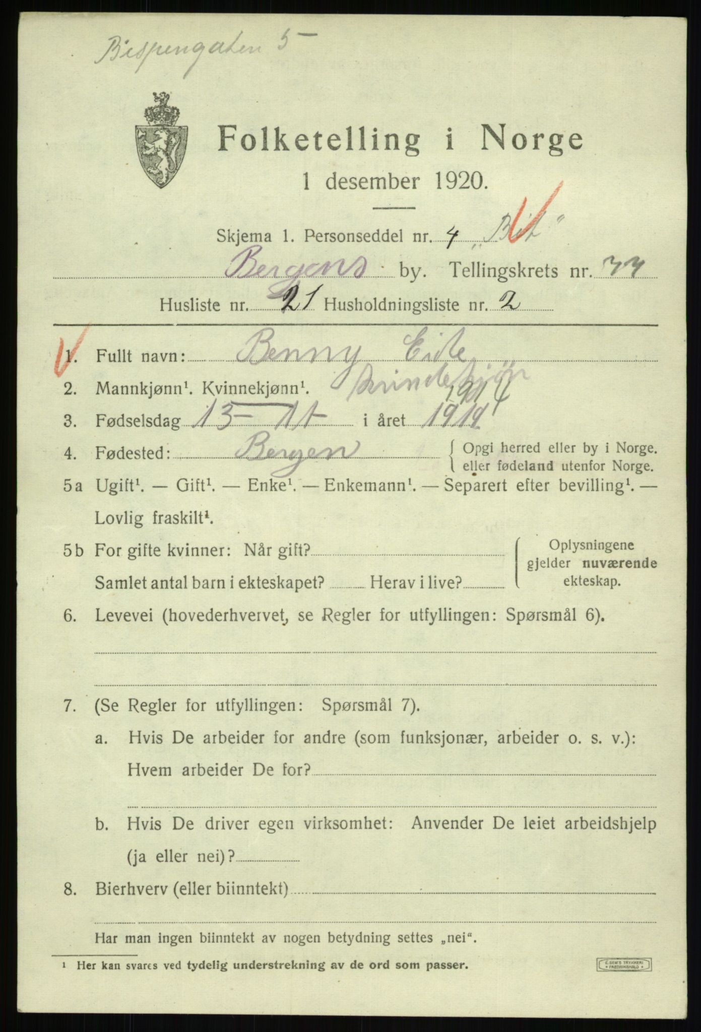 SAB, Folketelling 1920 for 1301 Bergen kjøpstad, 1920, s. 148152