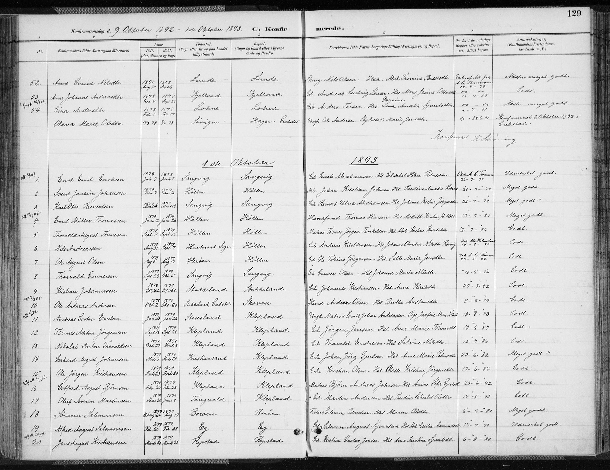 Søgne sokneprestkontor, SAK/1111-0037/F/Fa/Fab/L0013: Ministerialbok nr. A 13, 1892-1911, s. 129