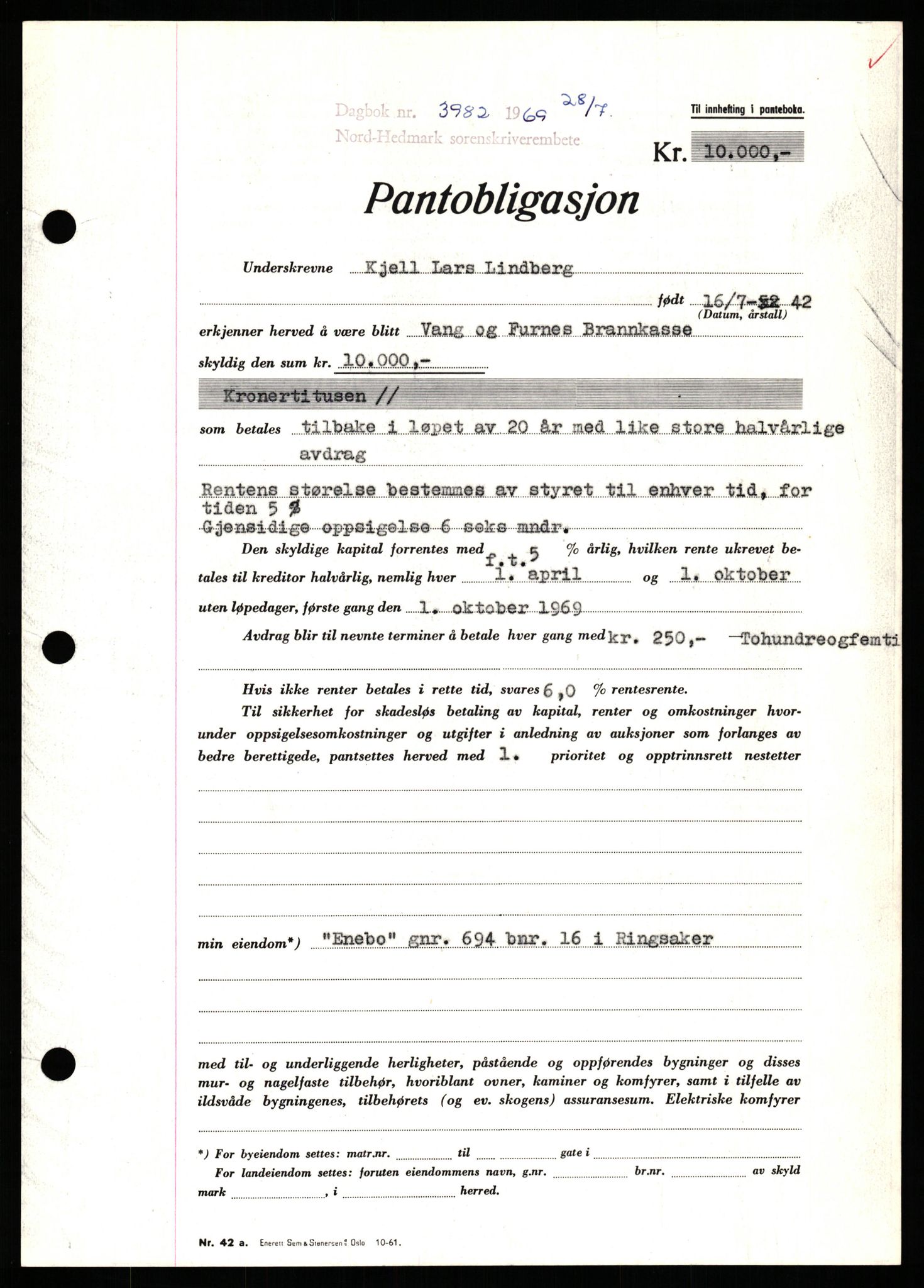 Nord-Hedmark sorenskriveri, SAH/TING-012/H/Hb/Hbf/L0080: Pantebok nr. B80, 1969-1969, Dagboknr: 3982/1969