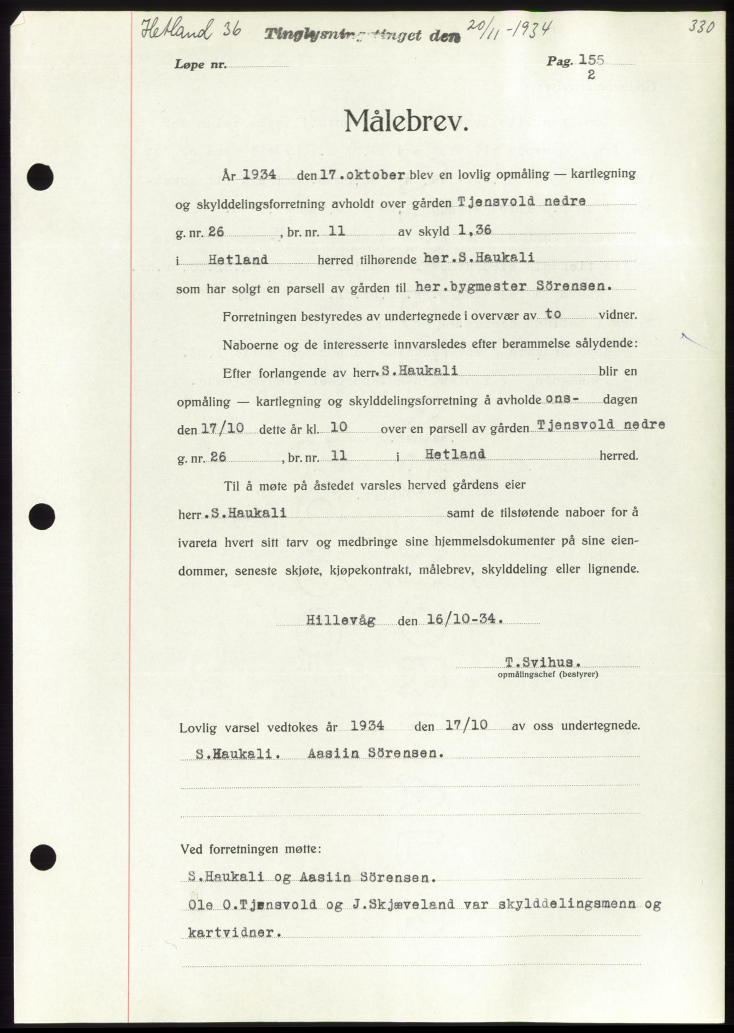 Jæren sorenskriveri, SAST/A-100310/03/G/Gba/L0062: Pantebok nr. 65, 1934-1934, Tingl.dato: 20.11.1934
