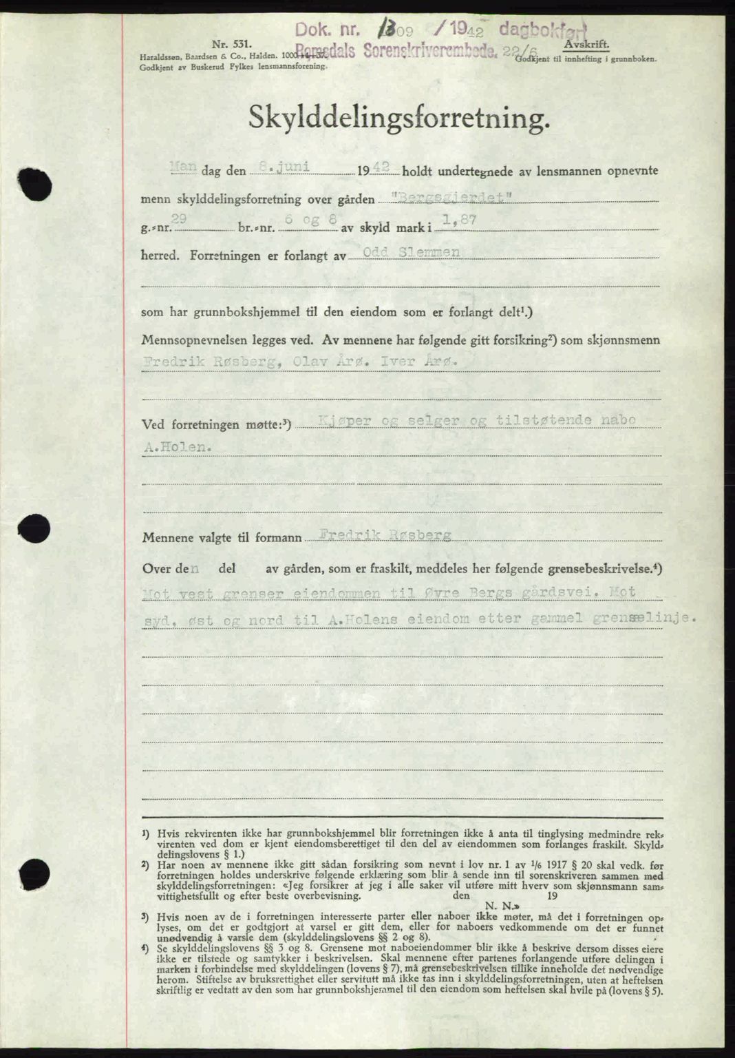 Romsdal sorenskriveri, SAT/A-4149/1/2/2C: Pantebok nr. A12, 1942-1942, Dagboknr: 1309/1942