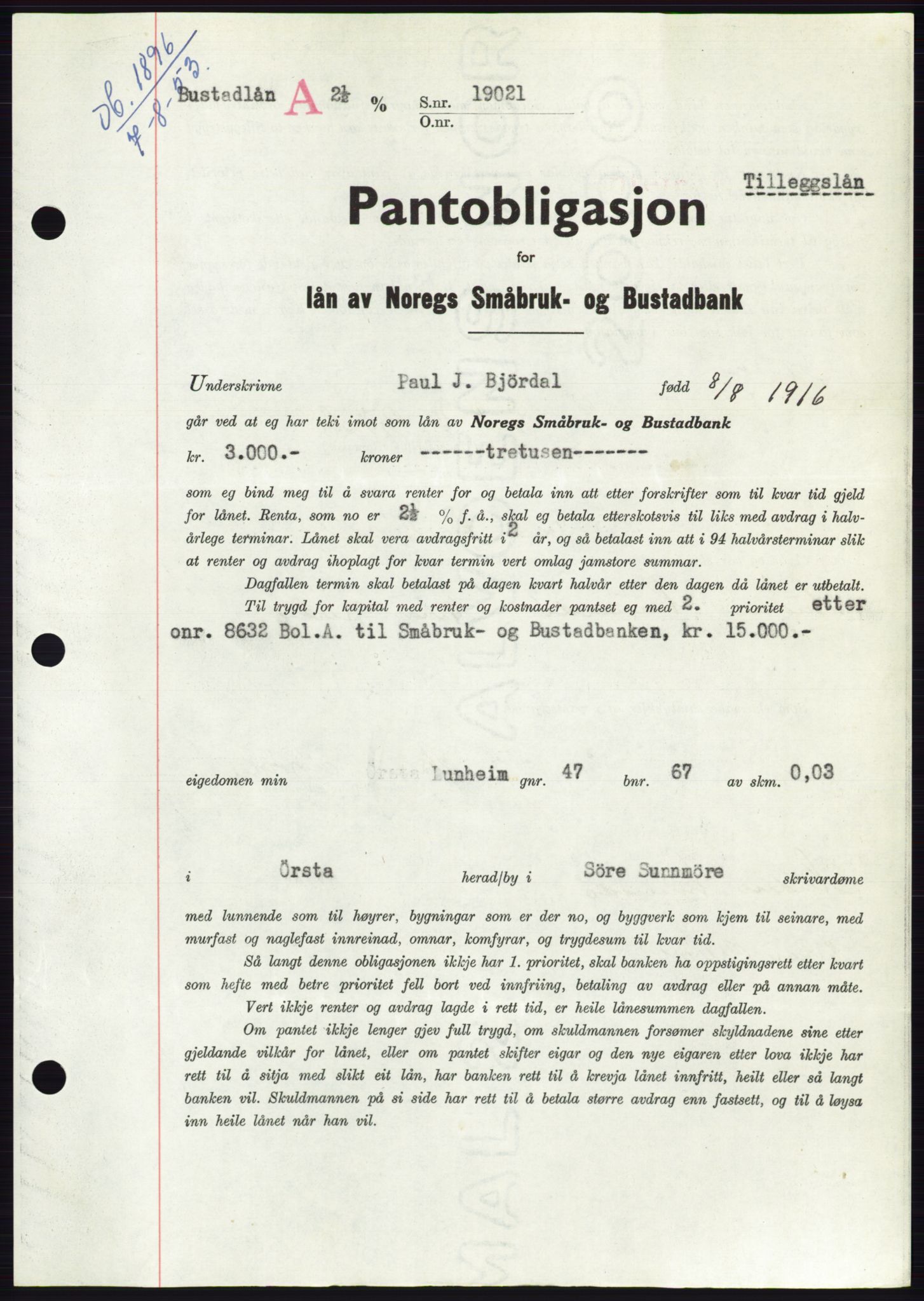 Søre Sunnmøre sorenskriveri, SAT/A-4122/1/2/2C/L0123: Pantebok nr. 11B, 1953-1953, Dagboknr: 1896/1953