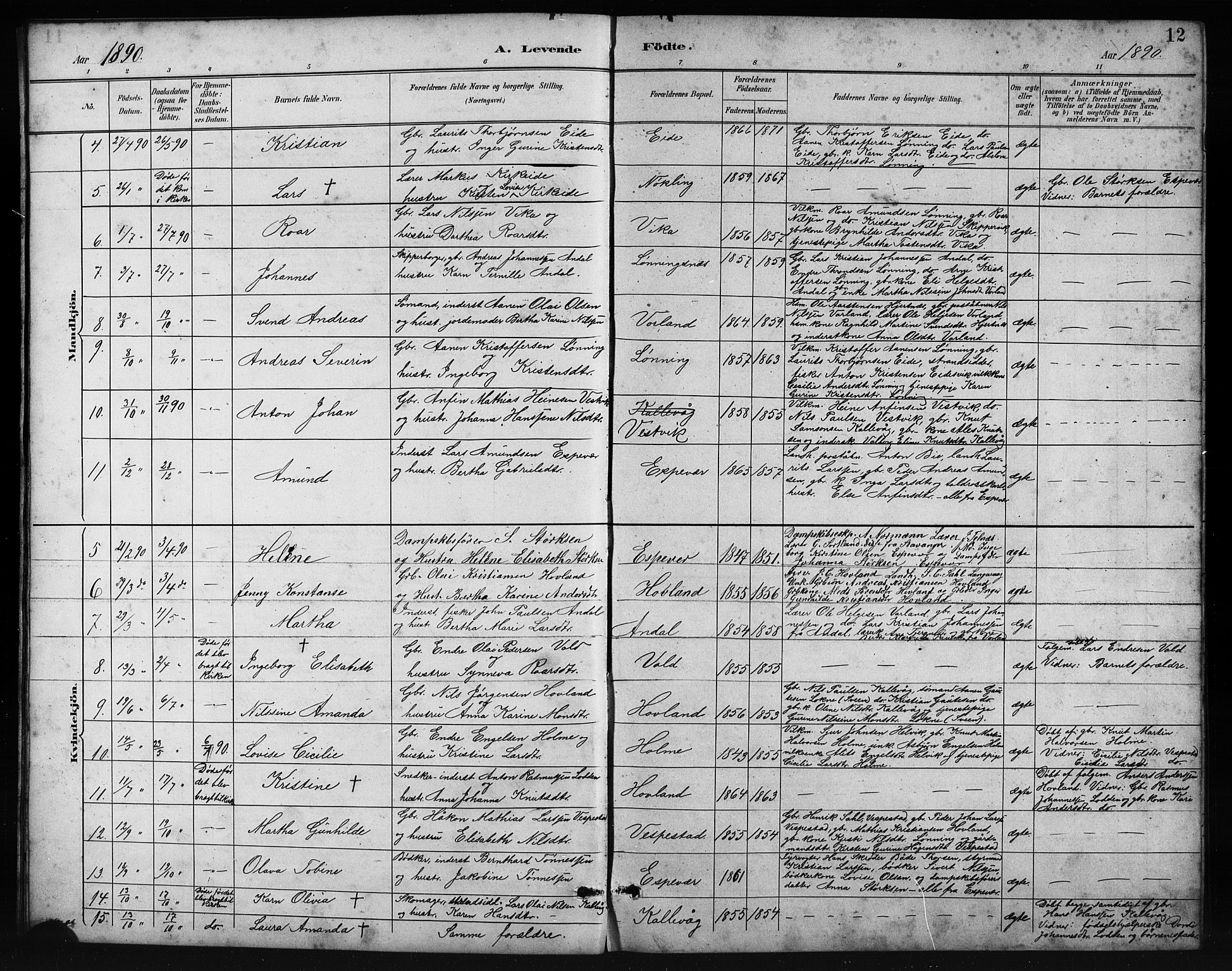 Finnås sokneprestembete, AV/SAB-A-99925/H/Ha/Hab/Habc/L0002: Klokkerbok nr. C 2, 1887-1906, s. 12