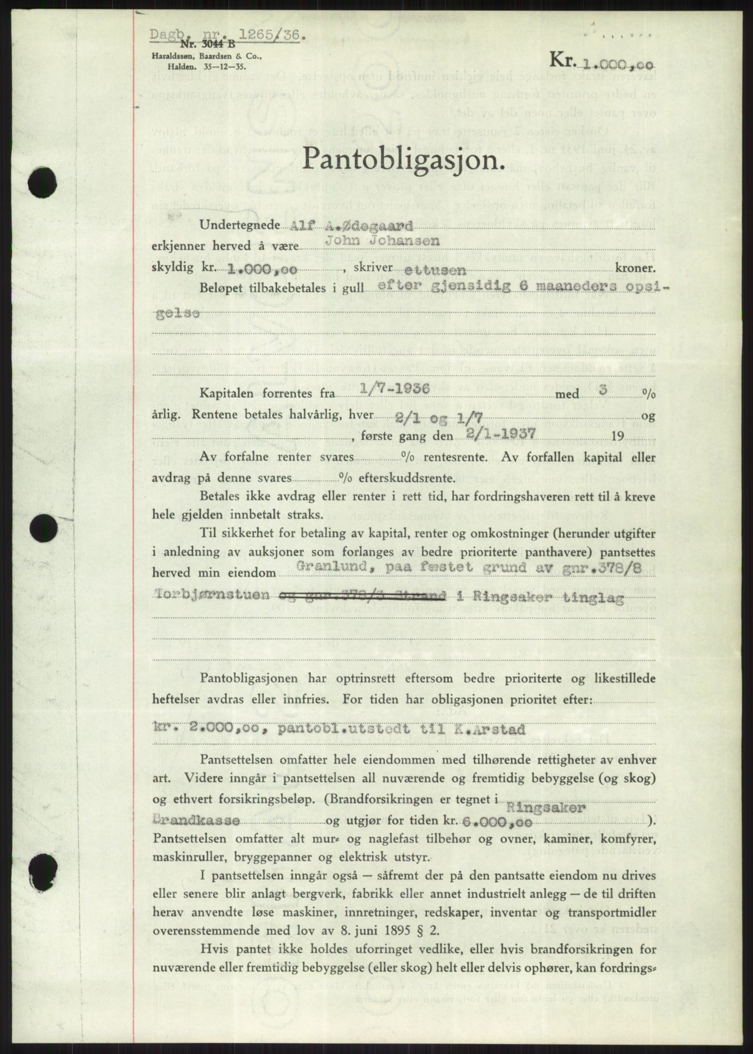 Nord-Hedmark sorenskriveri, SAH/TING-012/H/Hb/Hbf/L0001: Pantebok nr. B1, 1936-1936, Dagboknr: 1265/1936