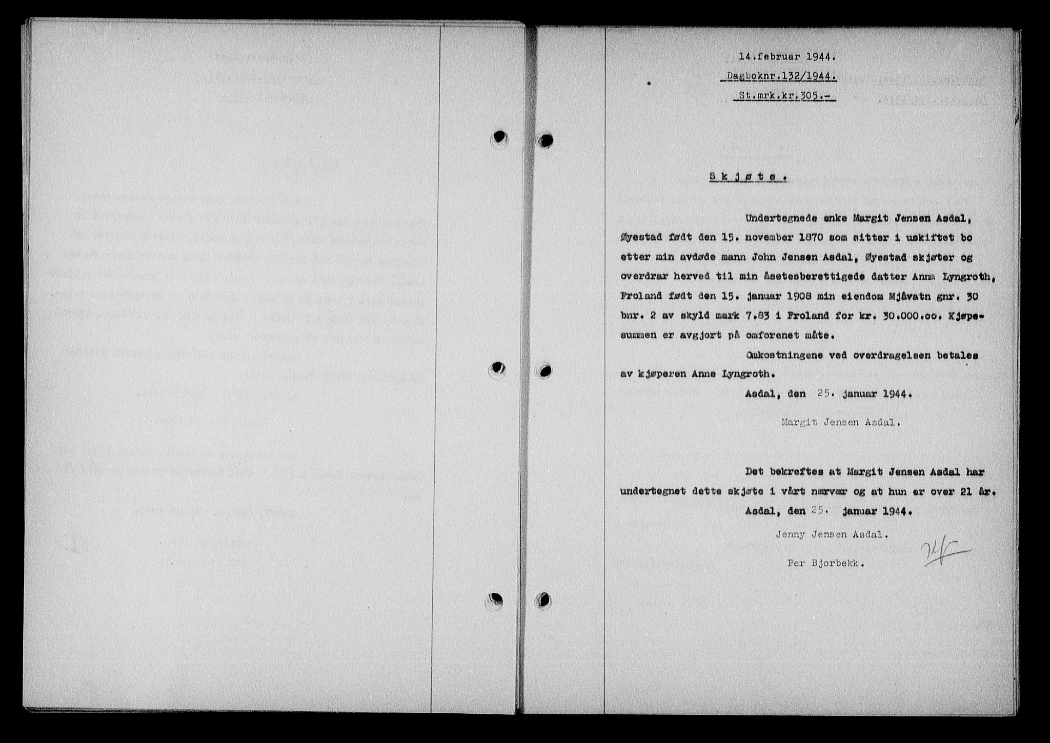 Nedenes sorenskriveri, SAK/1221-0006/G/Gb/Gba/L0051: Pantebok nr. A-V, 1943-1944, Dagboknr: 132/1944