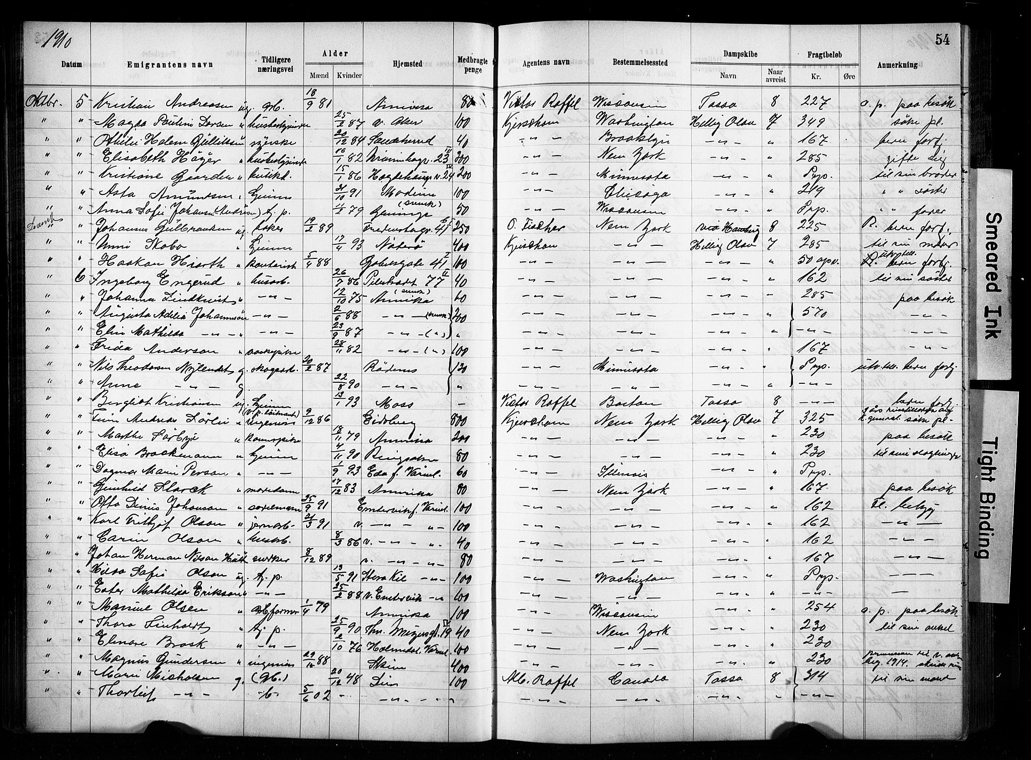 Oslo politidistrikt, AV/SAO-A-10085/E/Ee/Eef/L0029: Emigrantprotokoll, 1910-1913, s. 54
