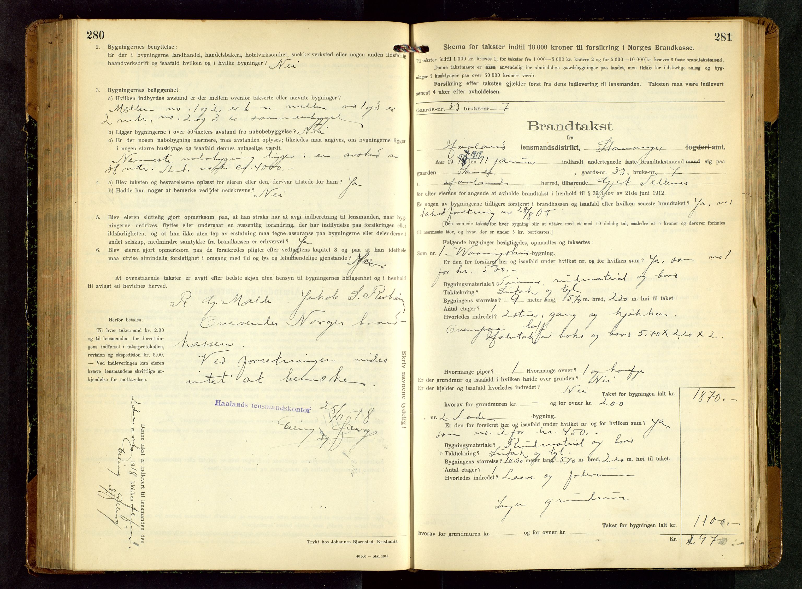 Håland lensmannskontor, SAST/A-100100/Gob/L0006: Branntakstprotokoll - skjematakst. Register i boken., 1917-1920, s. 280-281