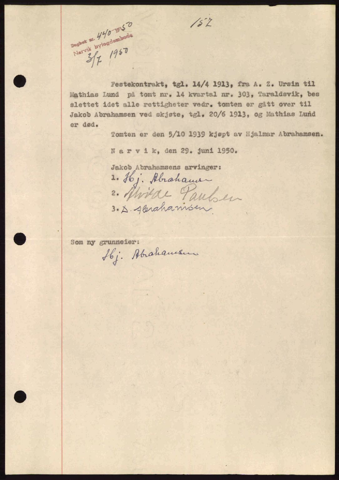 Narvik sorenskriveri, SAT/A-0002/1/2/2C/2Ca: Pantebok nr. A26, 1950-1950, Dagboknr: 440/1950