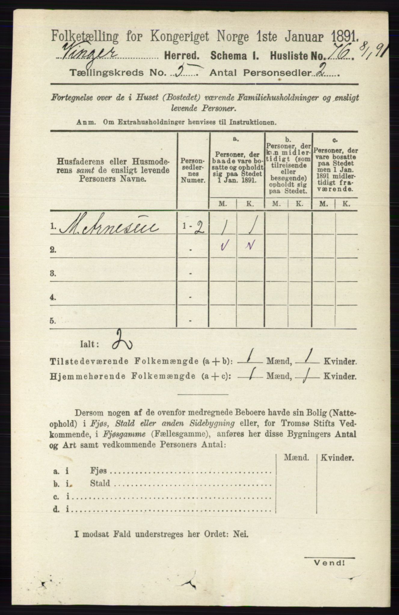 RA, Folketelling 1891 for 0421 Vinger herred, 1891, s. 2043