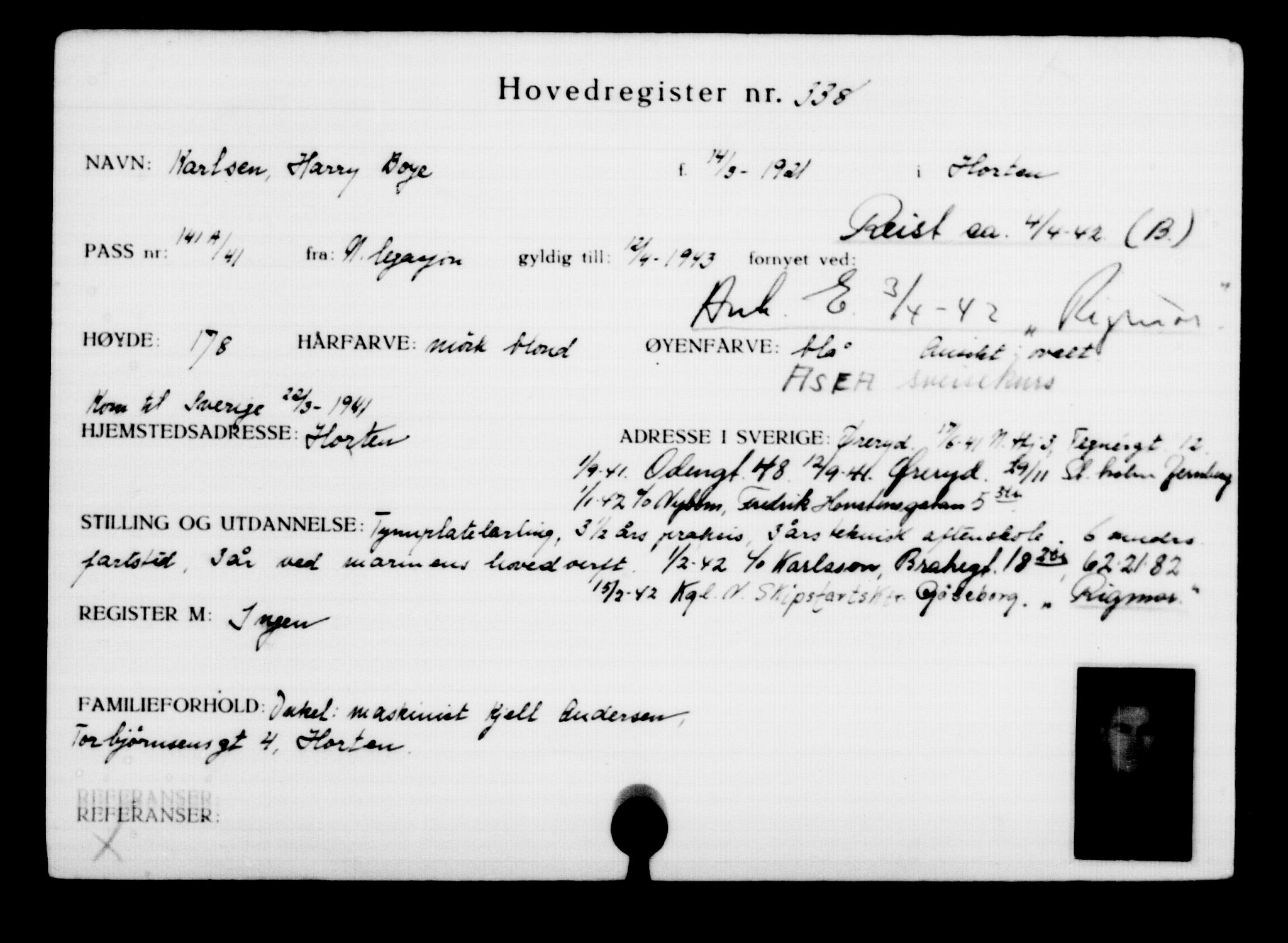Utenriksstasjonene, Legasjonen i Stockholm, Flyktningkontoret, AV/RA-S-6753/V/Va/L0001: Kjesäterkartoteket, flyktninger med registreringsnr. 1-1000, 1940-1945, s. 539