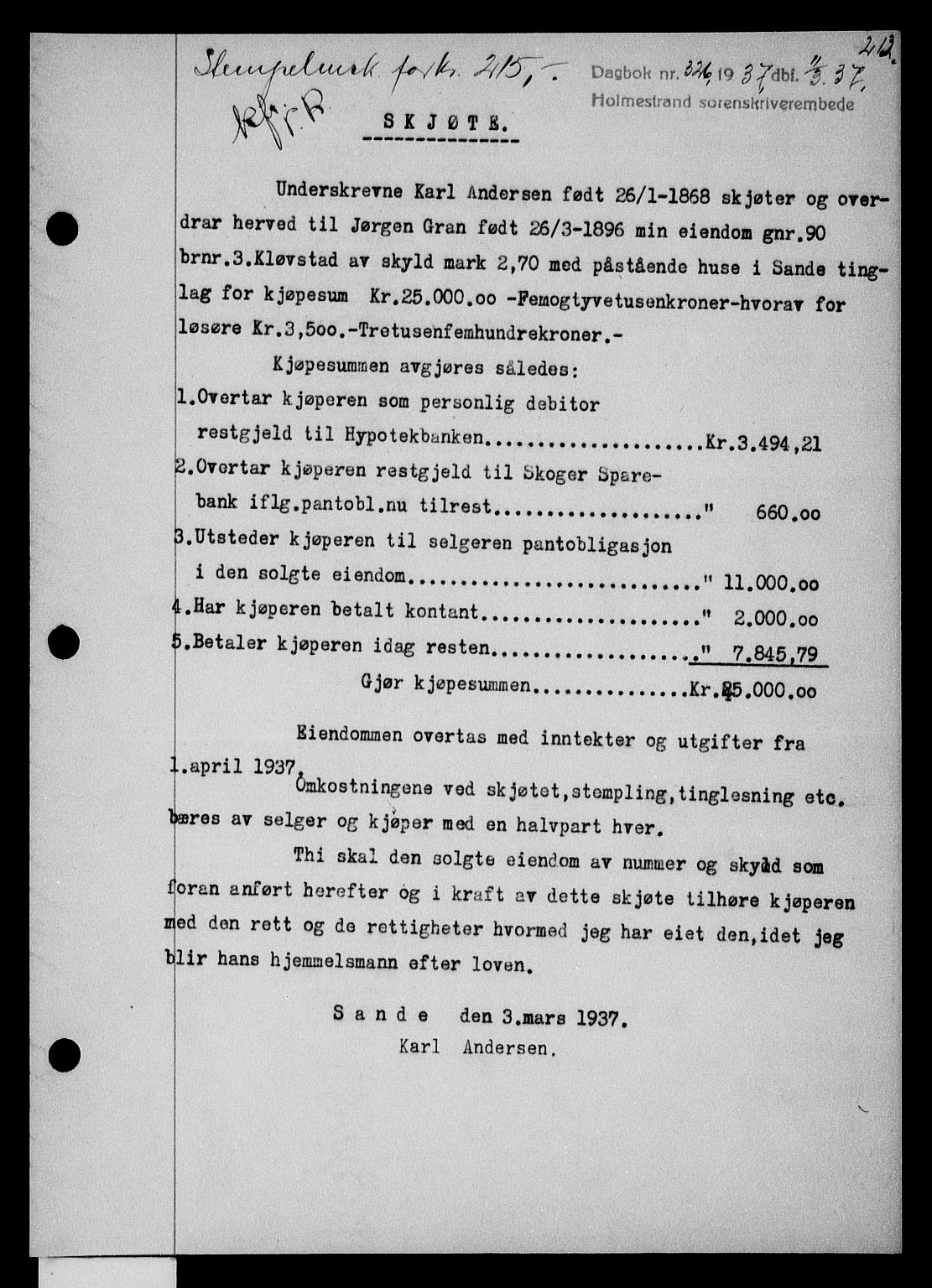 Holmestrand sorenskriveri, SAKO/A-67/G/Ga/Gaa/L0048: Pantebok nr. A-48, 1936-1937, Dagboknr: 326/1937