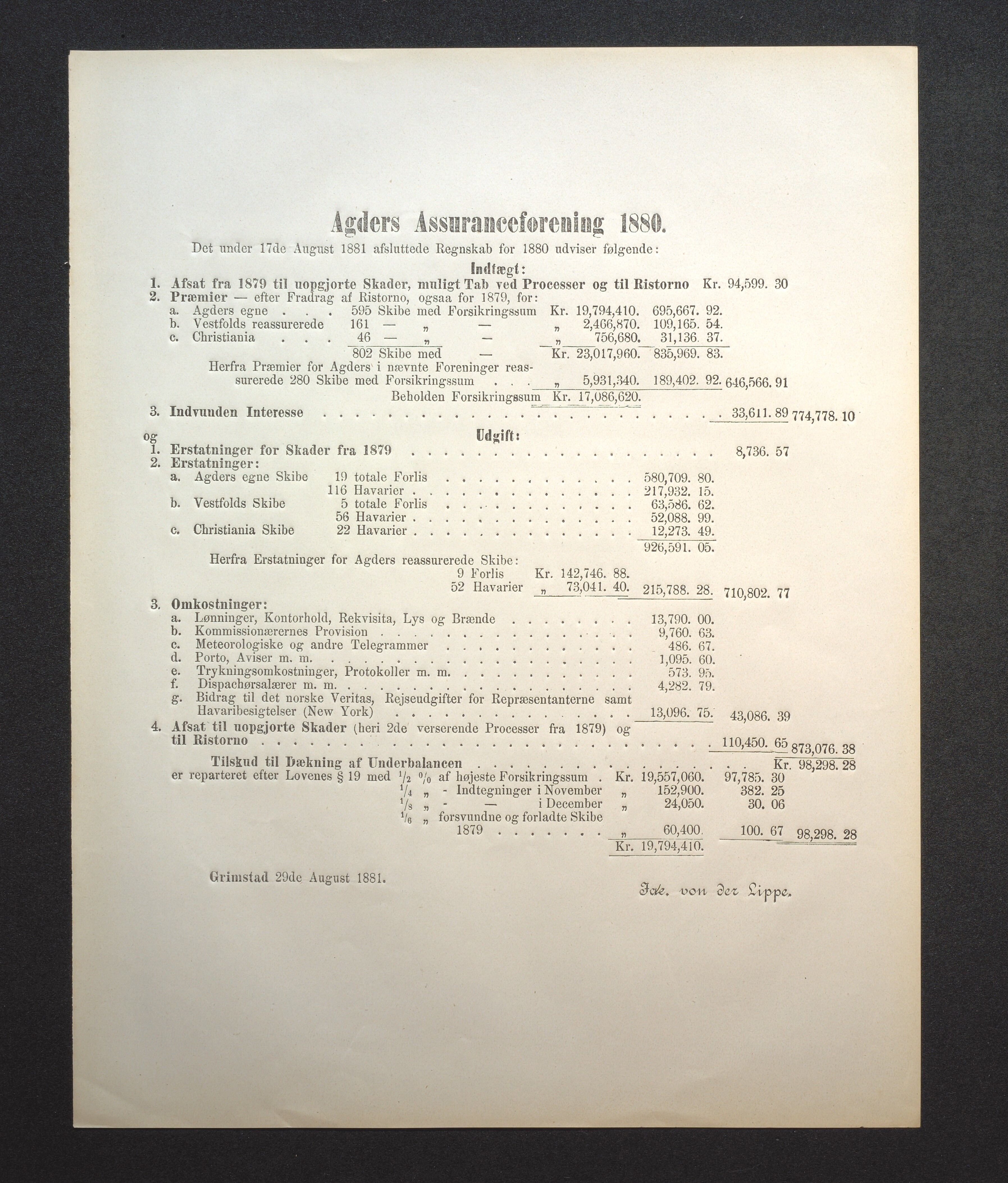 Agders Gjensidige Assuranceforening, AAKS/PA-1718/05/L0001: Regnskap, seilavdeling, pakkesak, 1855-1880