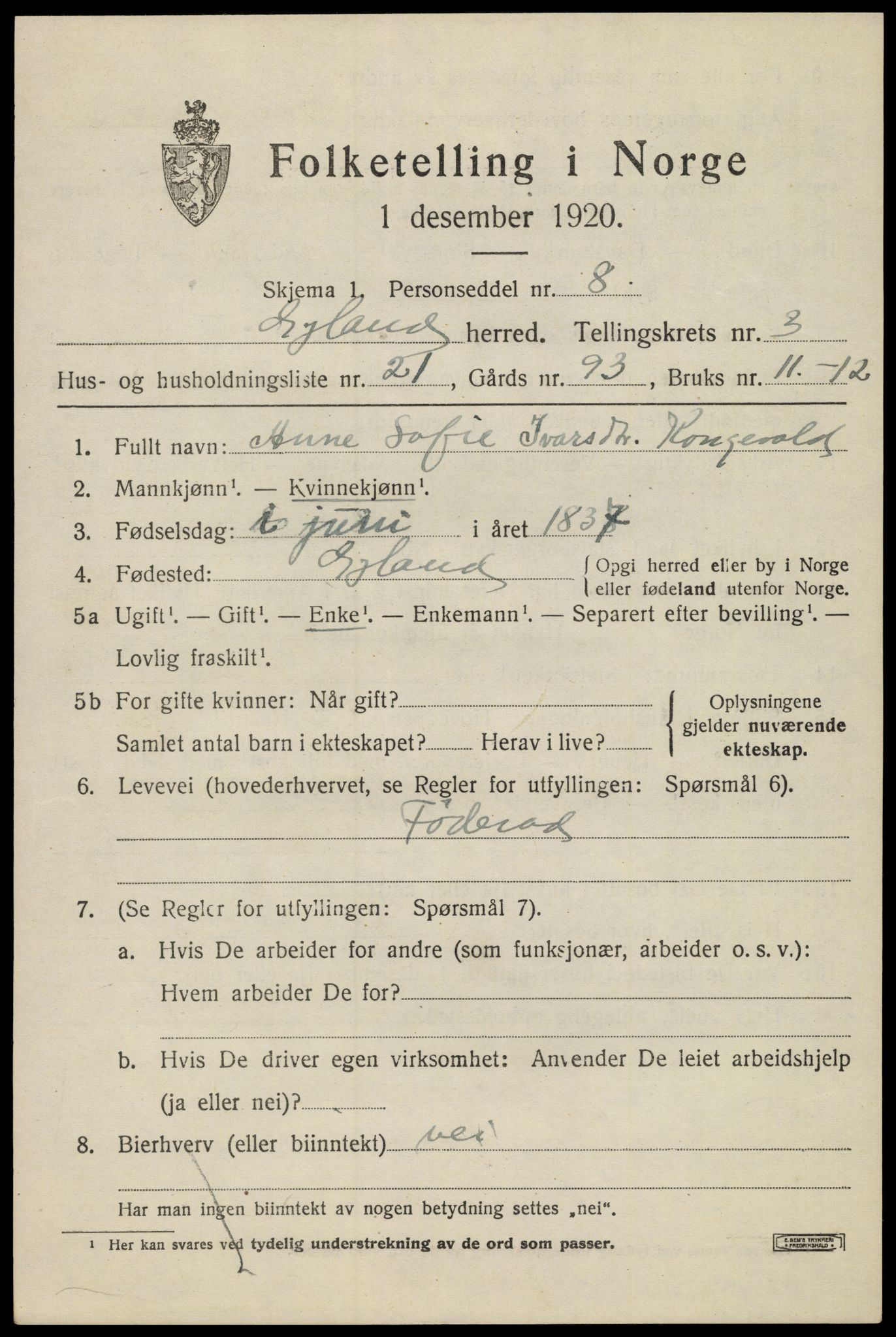 SAK, Folketelling 1920 for 1044 Gyland herred, 1920, s. 1016