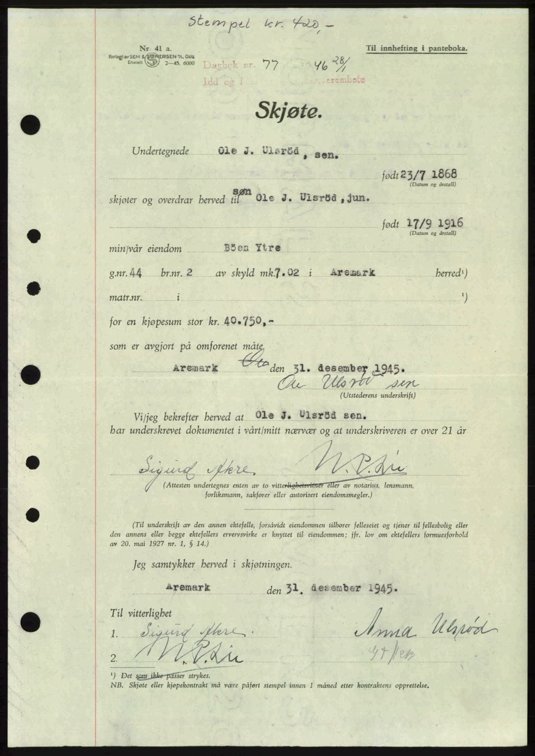 Idd og Marker sorenskriveri, AV/SAO-A-10283/G/Gb/Gbb/L0008: Pantebok nr. A8, 1946-1946, Dagboknr: 77/1946