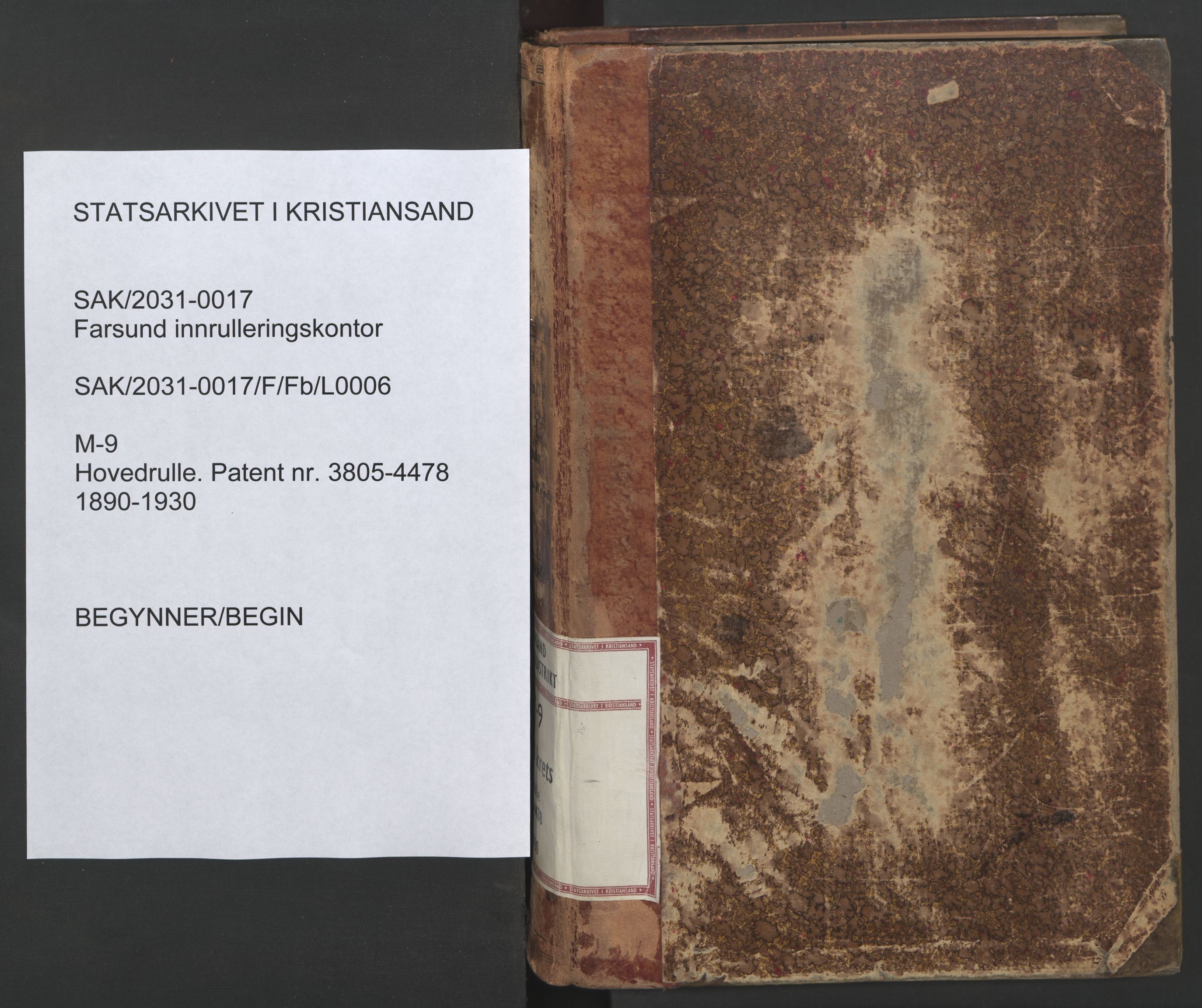 Farsund mønstringskrets, SAK/2031-0017/F/Fb/L0006: Hovedrulle nr 3805-4478, M-9, 1890-1930, s. 1