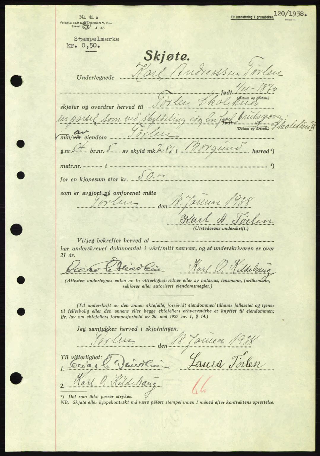 Nordre Sunnmøre sorenskriveri, AV/SAT-A-0006/1/2/2C/2Ca: Pantebok nr. A4, 1937-1938, Dagboknr: 120/1938