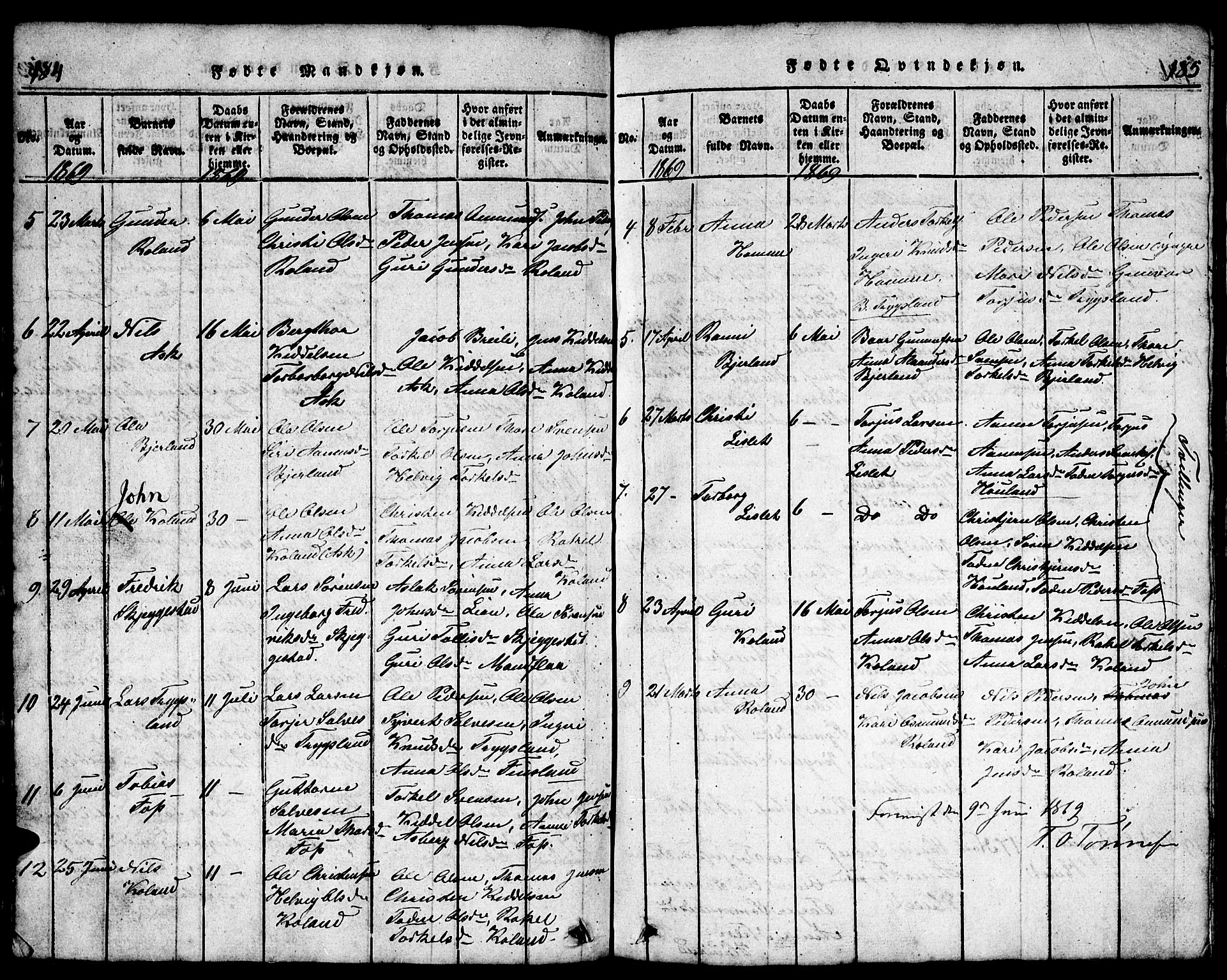 Bjelland sokneprestkontor, SAK/1111-0005/F/Fb/Fba/L0003: Klokkerbok nr. B 3, 1816-1870, s. 184-185