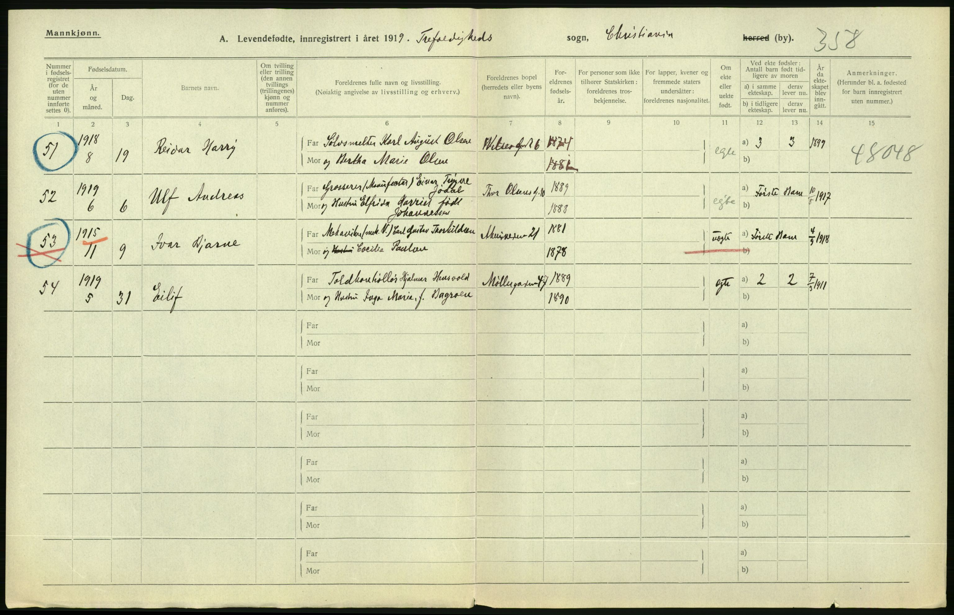 Statistisk sentralbyrå, Sosiodemografiske emner, Befolkning, AV/RA-S-2228/D/Df/Dfb/Dfbi/L0007: Kristiania: Levendefødte menn og kvinner., 1919, s. 334