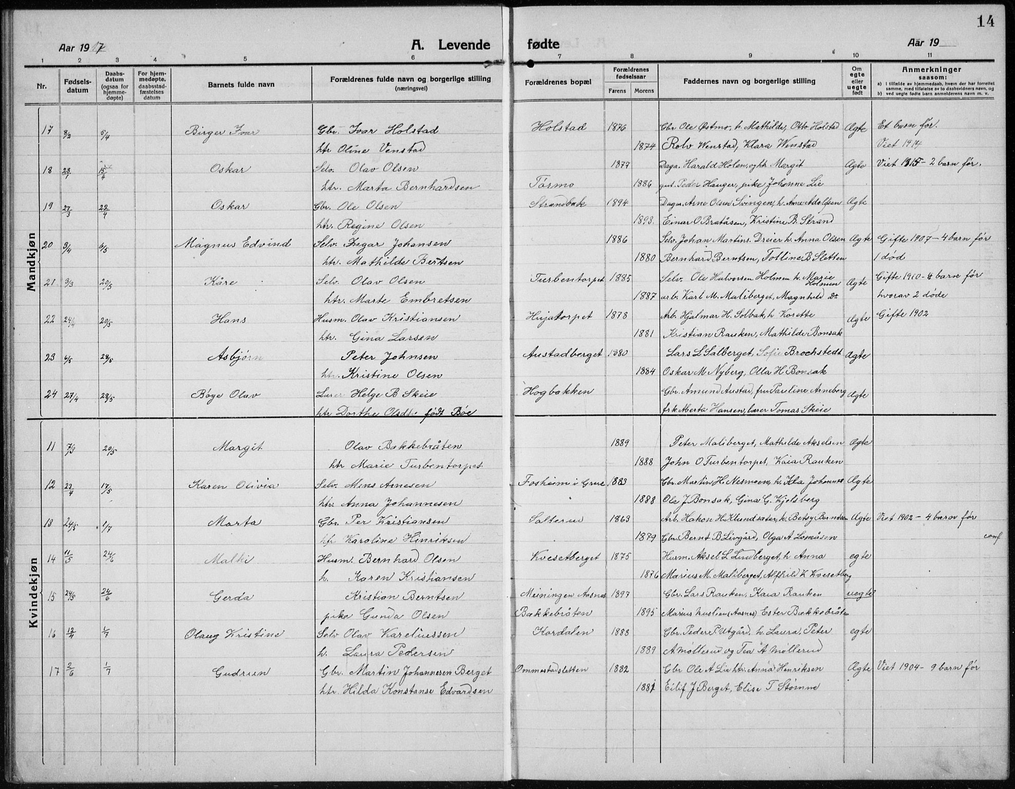 Hof prestekontor, AV/SAH-PREST-038/H/Ha/Hab/L0002: Klokkerbok nr. 2, 1915-1934, s. 14