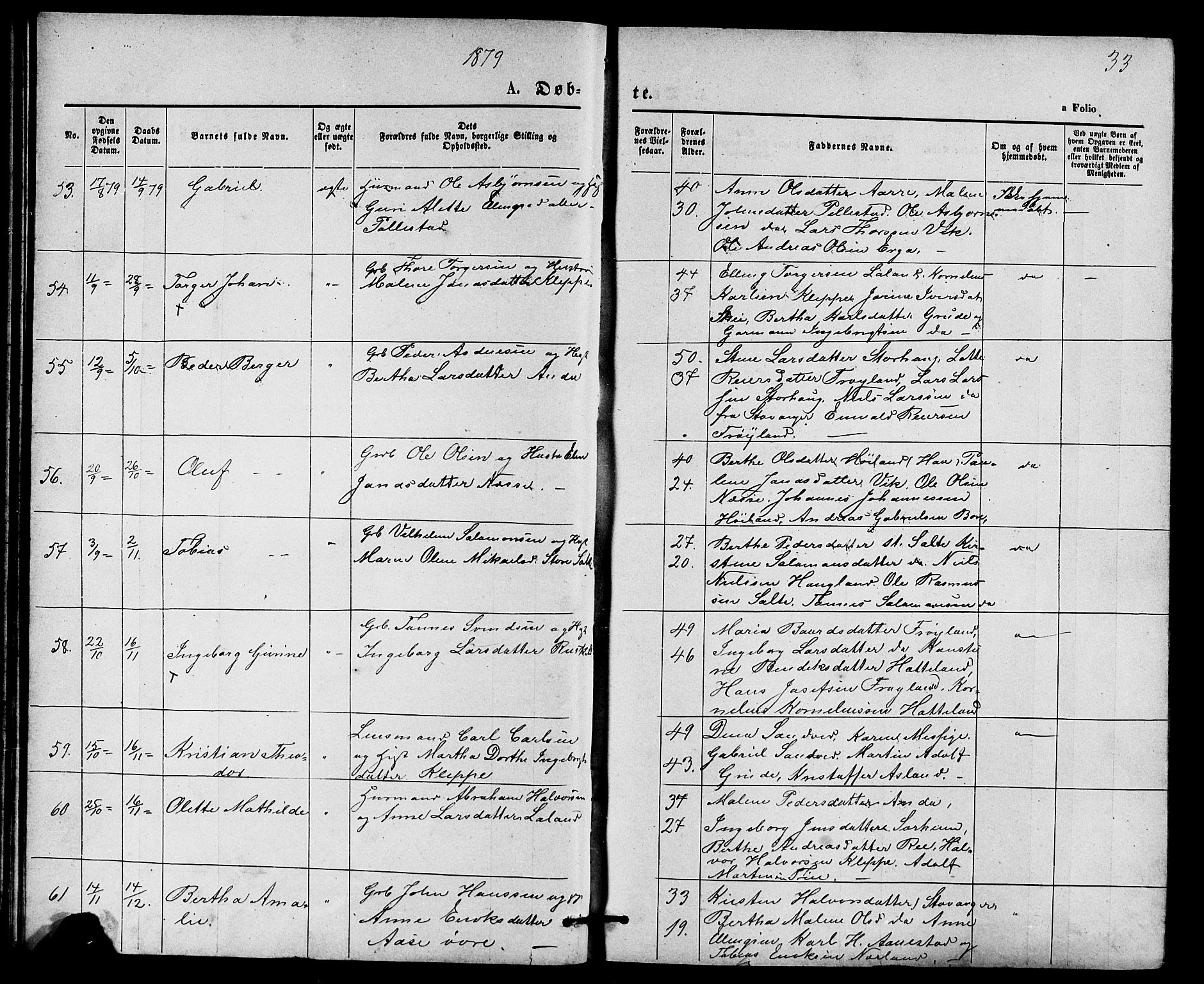 Klepp sokneprestkontor, AV/SAST-A-101803/001/3/30BB/L0003: Klokkerbok nr. B 3, 1876-1888, s. 33