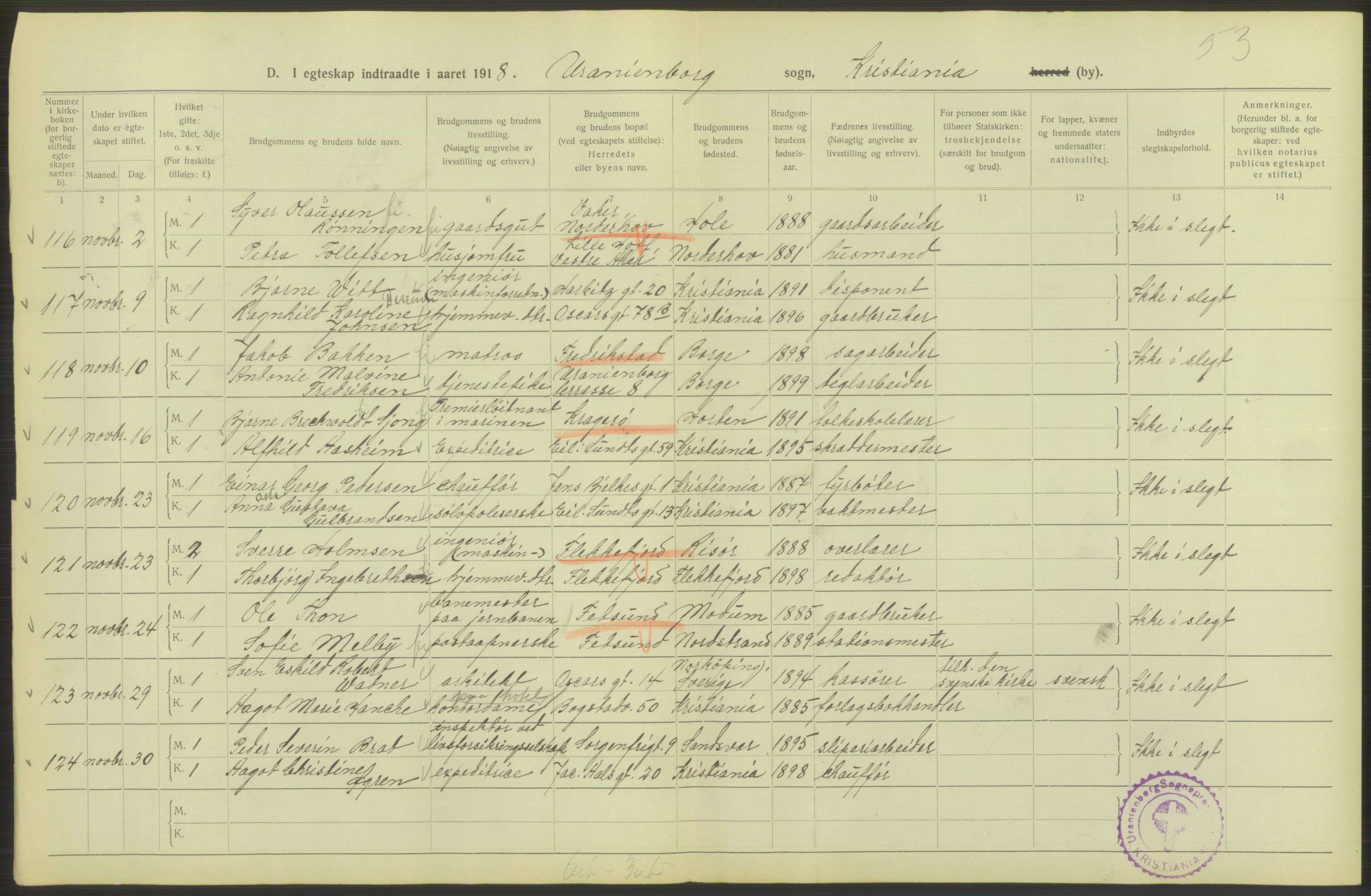 Statistisk sentralbyrå, Sosiodemografiske emner, Befolkning, AV/RA-S-2228/D/Df/Dfb/Dfbh/L0009: Kristiania: Gifte, 1918, s. 34