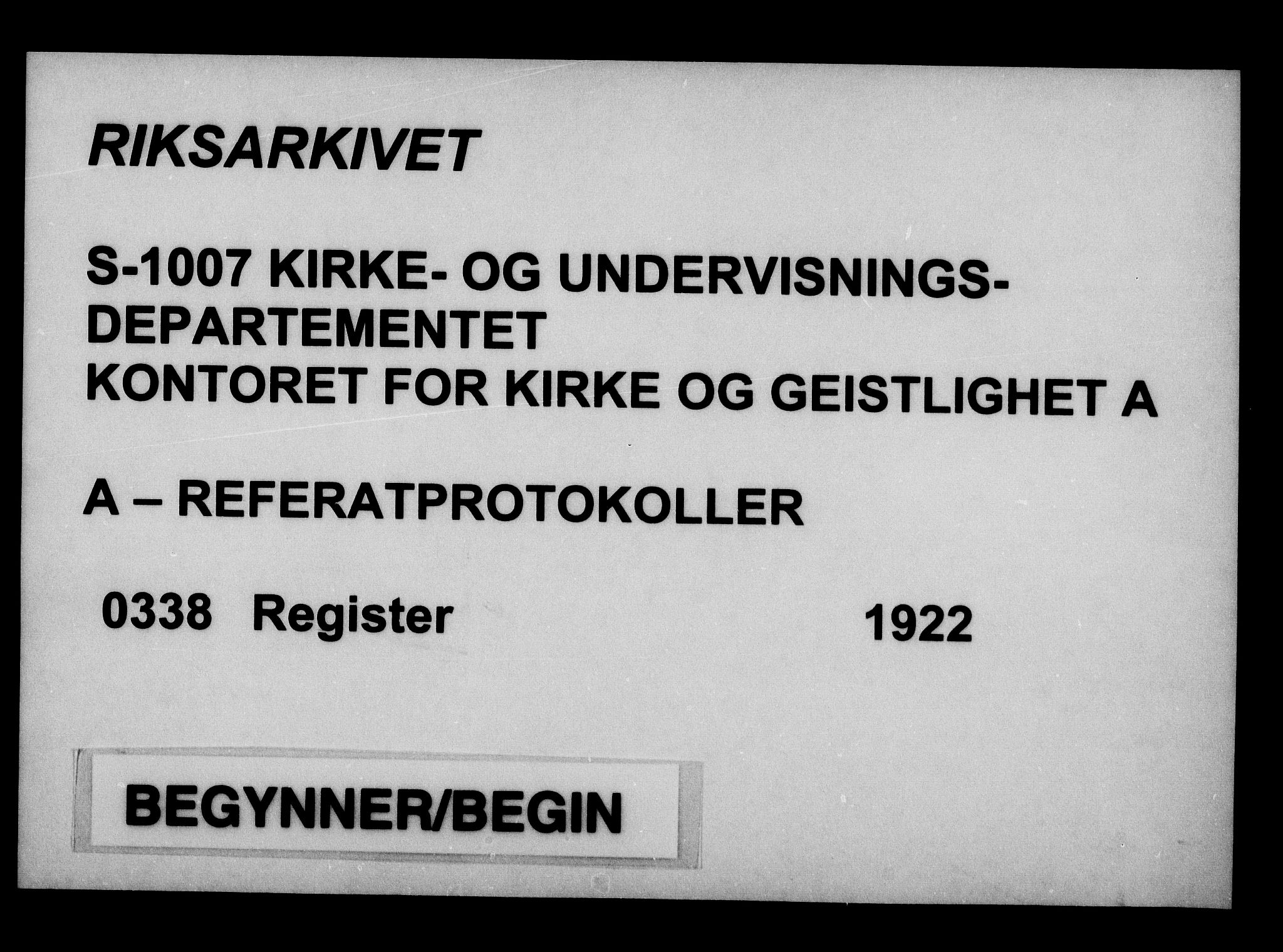 Kirke- og undervisningsdepartementet, Kontoret  for kirke og geistlighet A, AV/RA-S-1007/A/Aa/L0338: Register, 1922