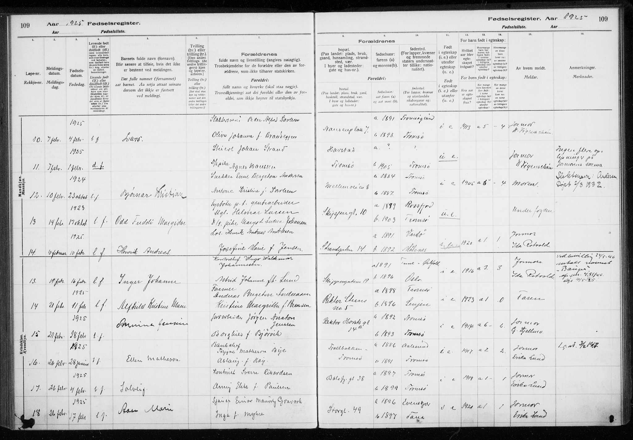 Tromsø sokneprestkontor/stiftsprosti/domprosti, AV/SATØ-S-1343/H/Ha/L0132: Fødselsregister nr. 132, 1921-1927, s. 109