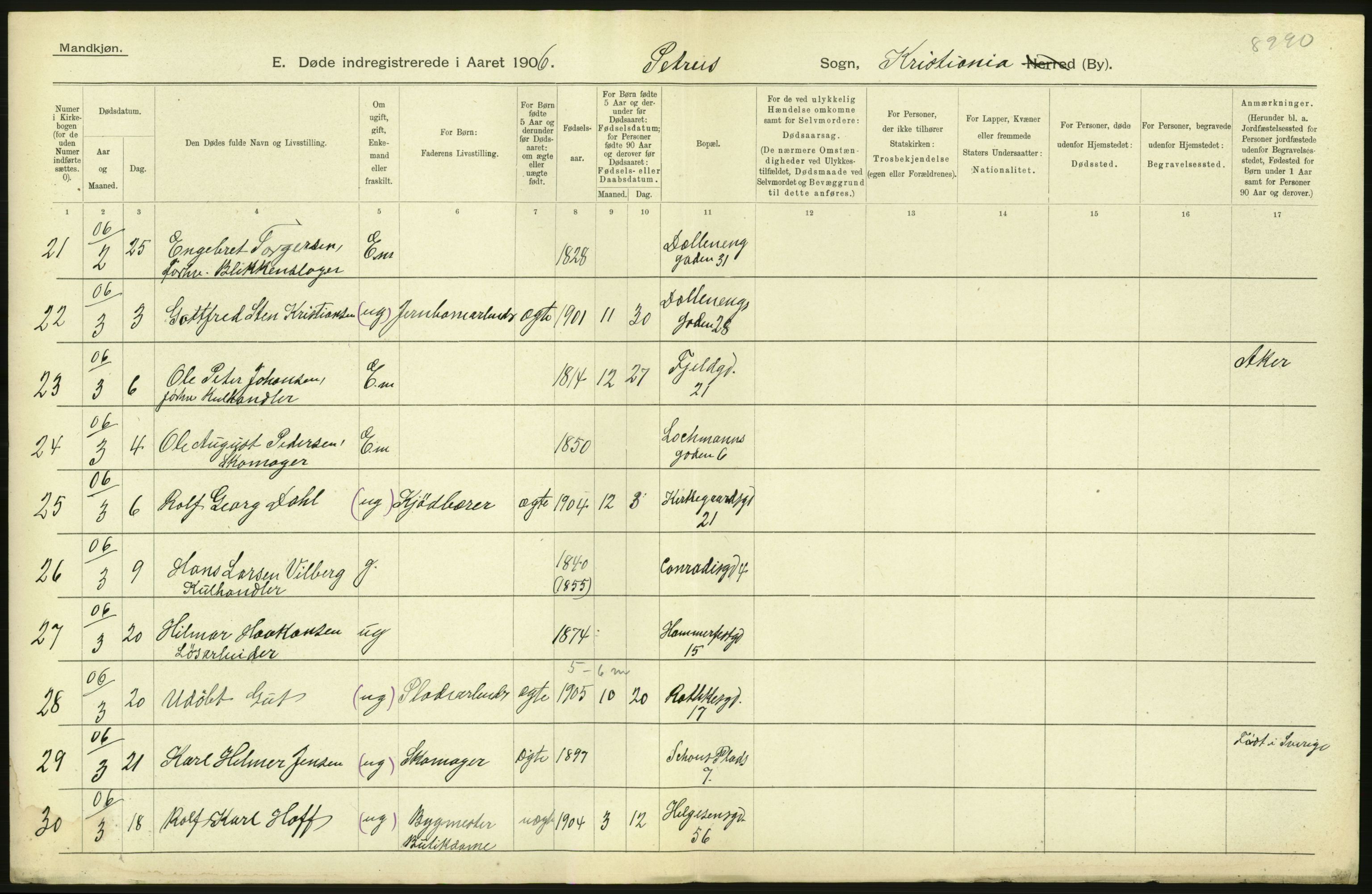 Statistisk sentralbyrå, Sosiodemografiske emner, Befolkning, AV/RA-S-2228/D/Df/Dfa/Dfad/L0009: Kristiania: Døde, 1906, s. 430