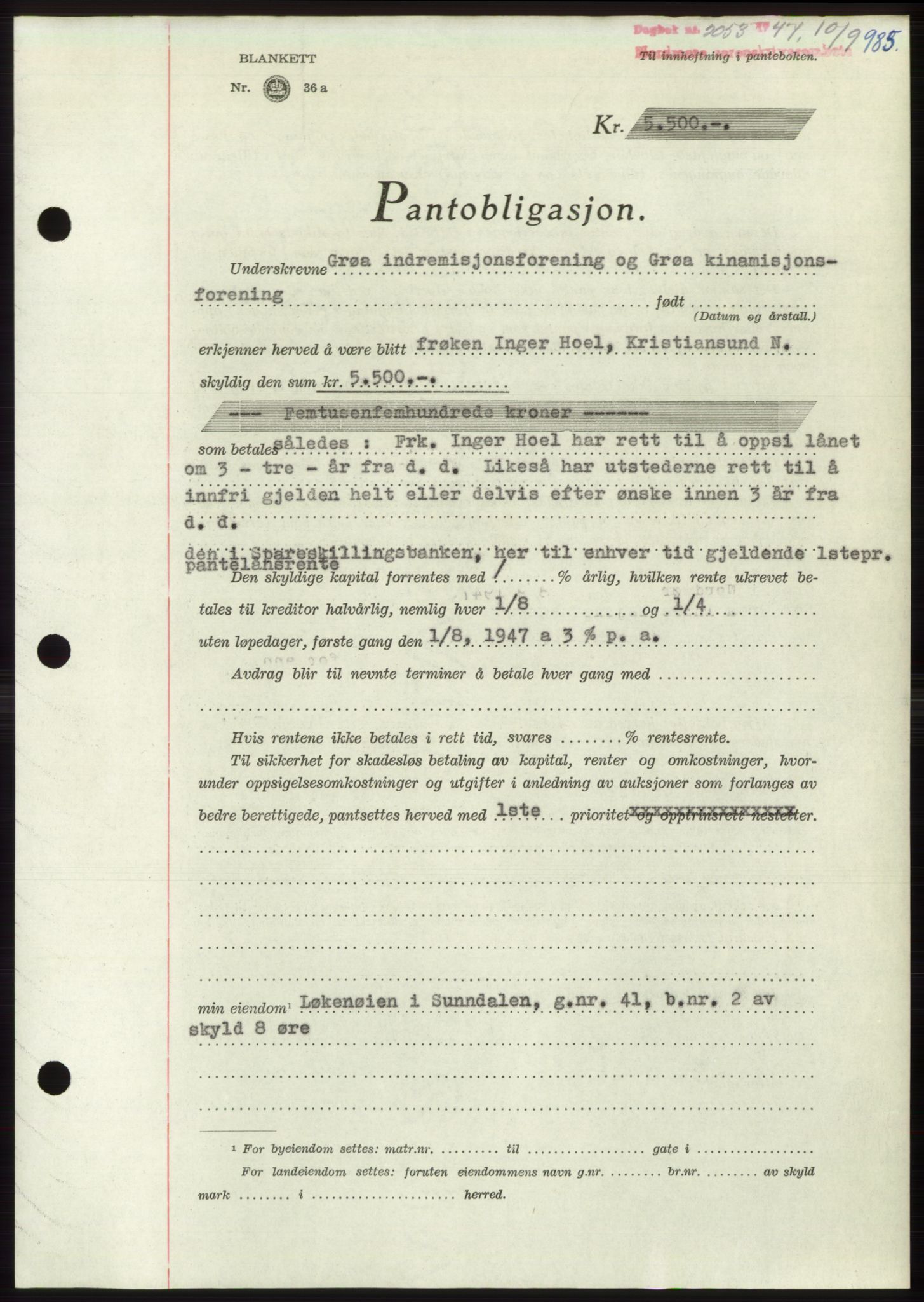 Nordmøre sorenskriveri, AV/SAT-A-4132/1/2/2Ca: Pantebok nr. B96, 1947-1947, Dagboknr: 2053/1947