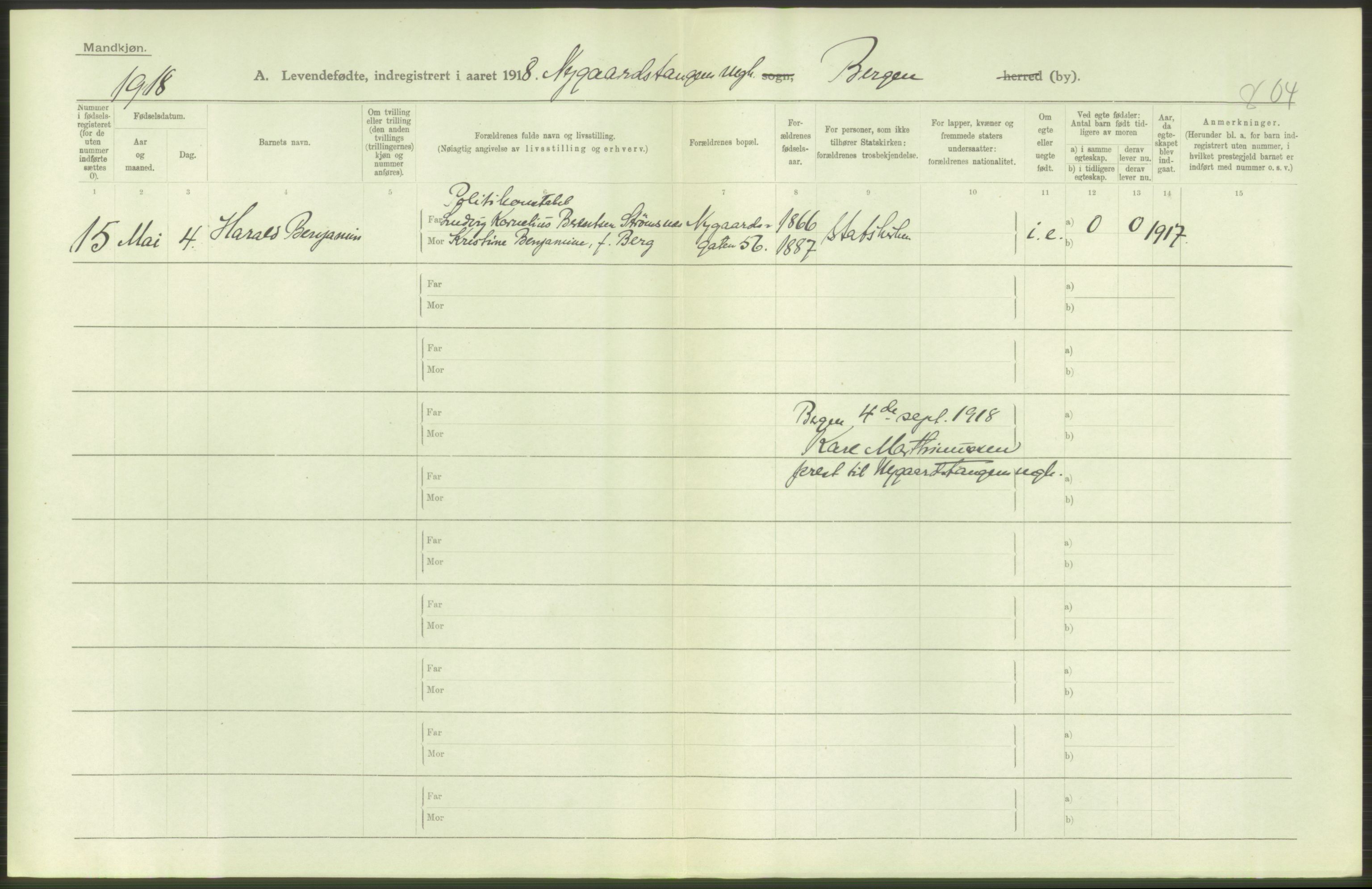 Statistisk sentralbyrå, Sosiodemografiske emner, Befolkning, AV/RA-S-2228/D/Df/Dfb/Dfbh/L0037: Bergen: Levendefødte menn og kvinner., 1918, s. 14