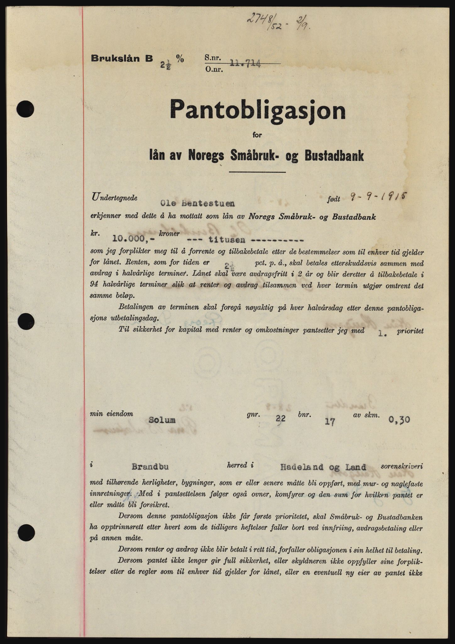 Hadeland og Land tingrett, SAH/TING-010/H/Hb/Hbc/L0024: Pantebok nr. B24, 1952-1952, Dagboknr: 2748/1952