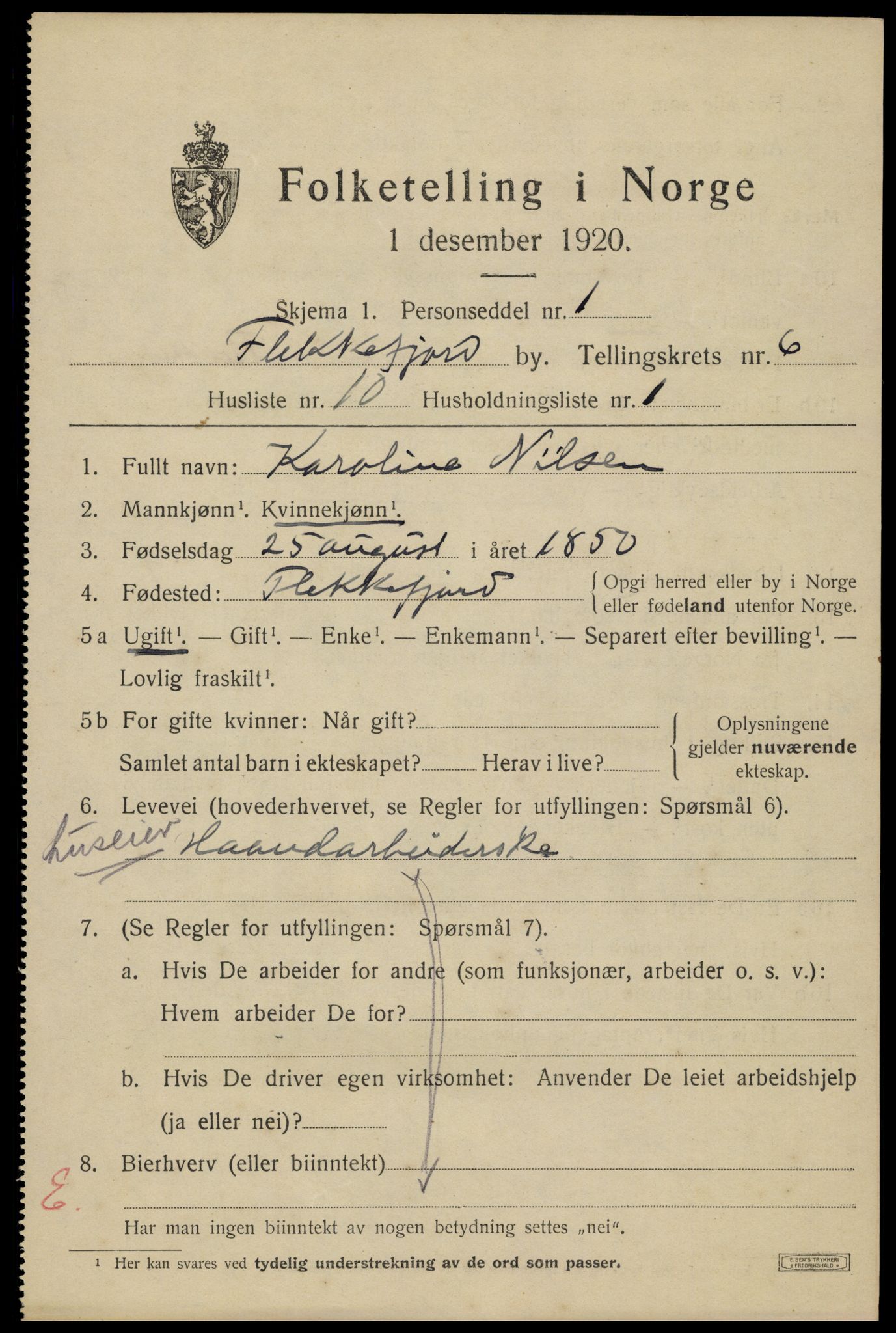 SAK, Folketelling 1920 for 1004 Flekkefjord kjøpstad, 1920, s. 5850