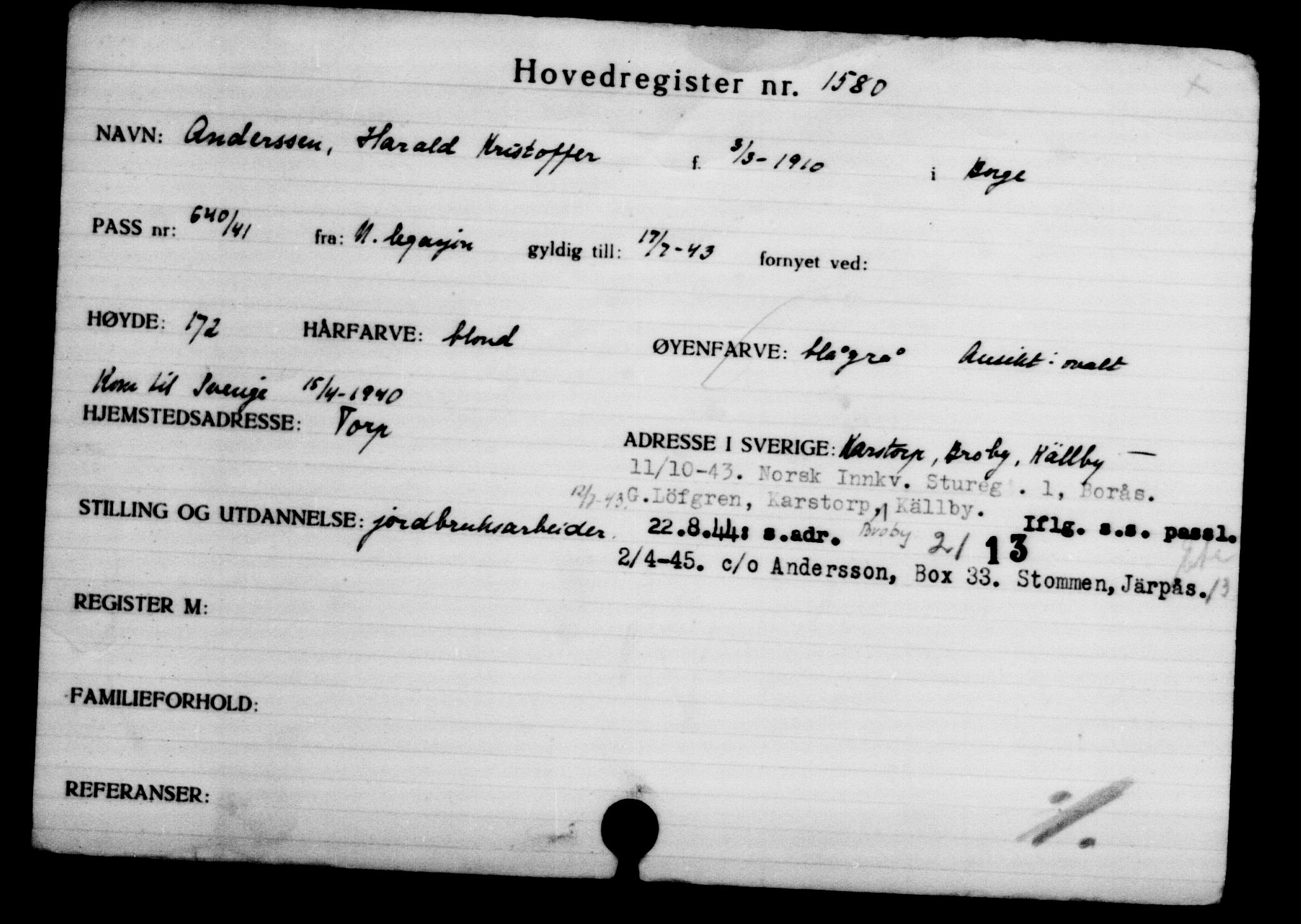 Den Kgl. Norske Legasjons Flyktningskontor, AV/RA-S-6753/V/Va/L0002: Kjesäterkartoteket.  Flyktningenr. 1001-2000, 1940-1945, s. 831