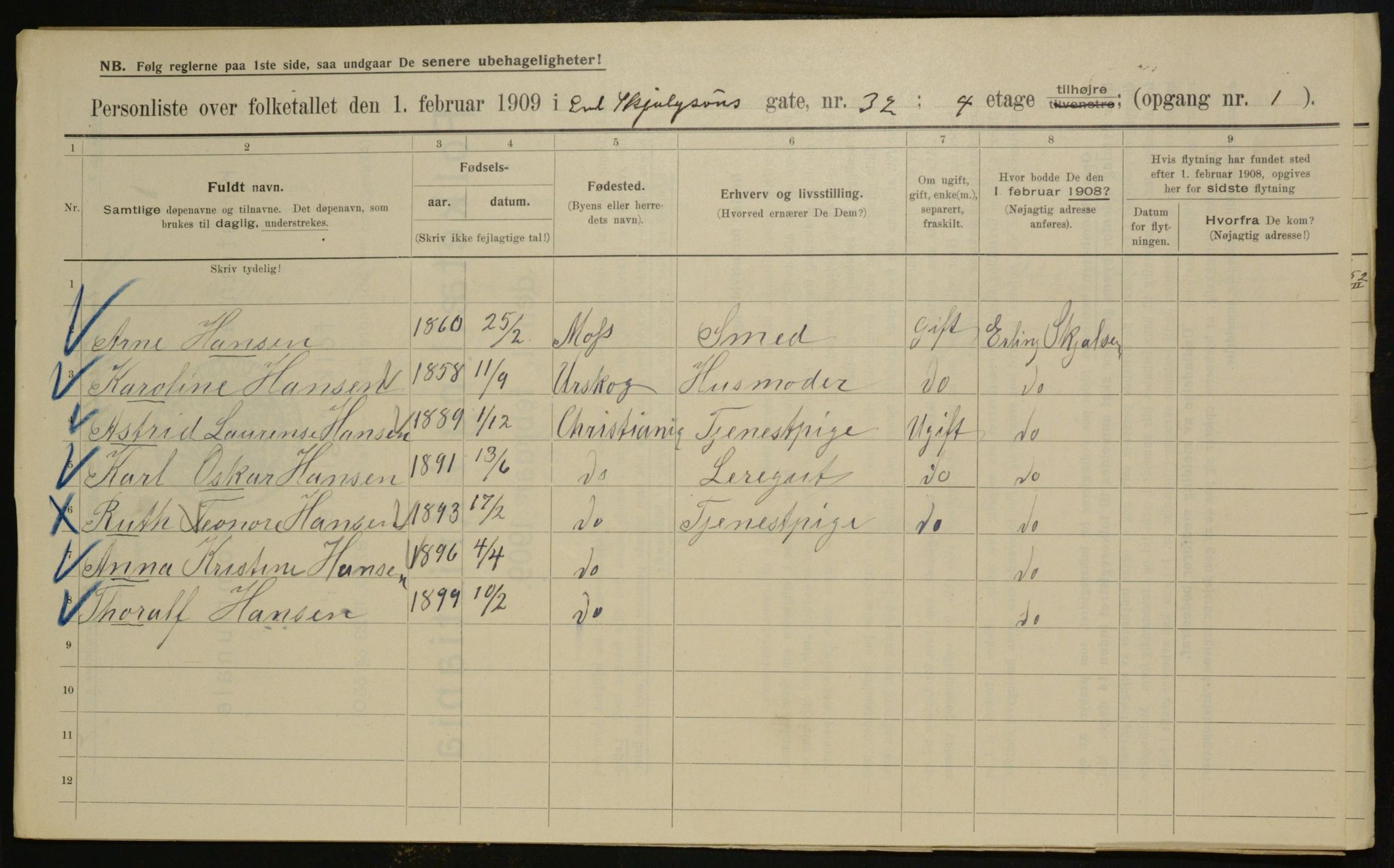 OBA, Kommunal folketelling 1.2.1909 for Kristiania kjøpstad, 1909, s. 20159