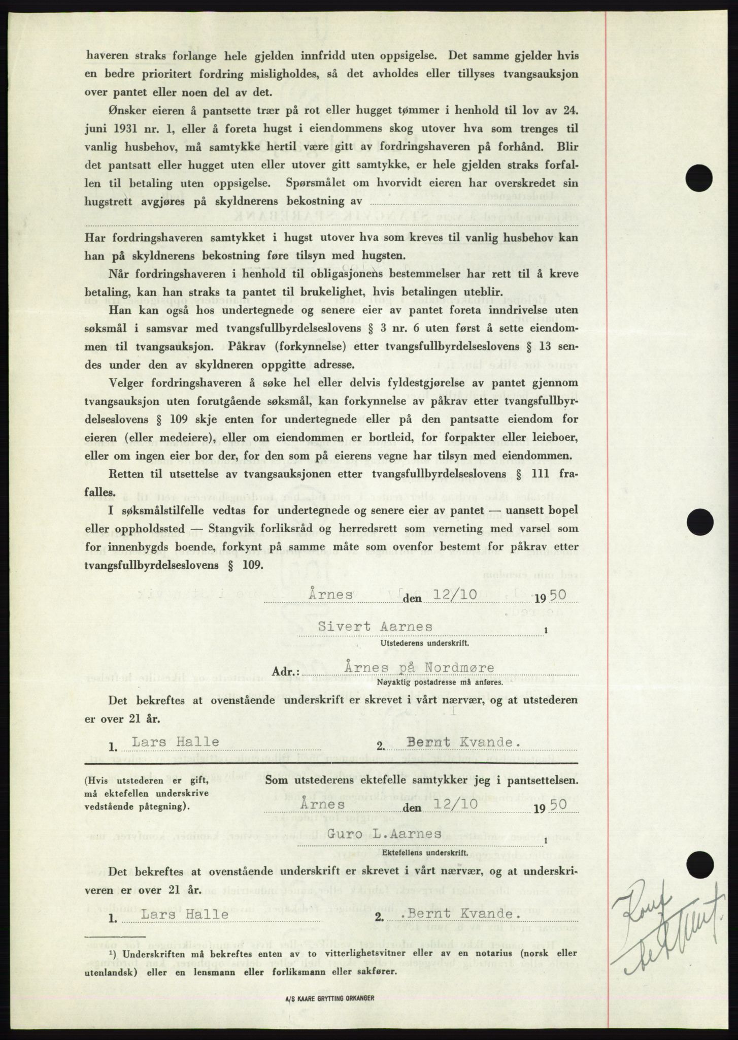 Nordmøre sorenskriveri, AV/SAT-A-4132/1/2/2Ca: Pantebok nr. B106, 1950-1950, Dagboknr: 3447/1950