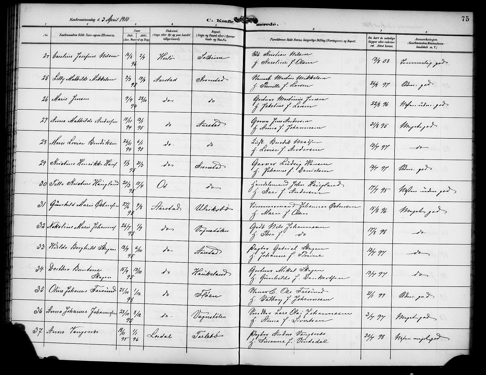 Årstad Sokneprestembete, AV/SAB-A-79301/H/Hab/L0012: Klokkerbok nr. B 2, 1901-1914, s. 75